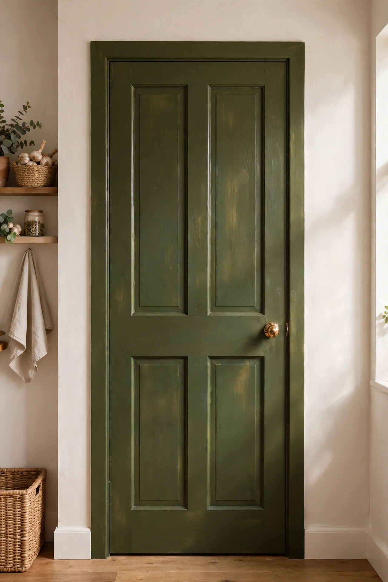 Pantry door painted deep olive green with a brass knob