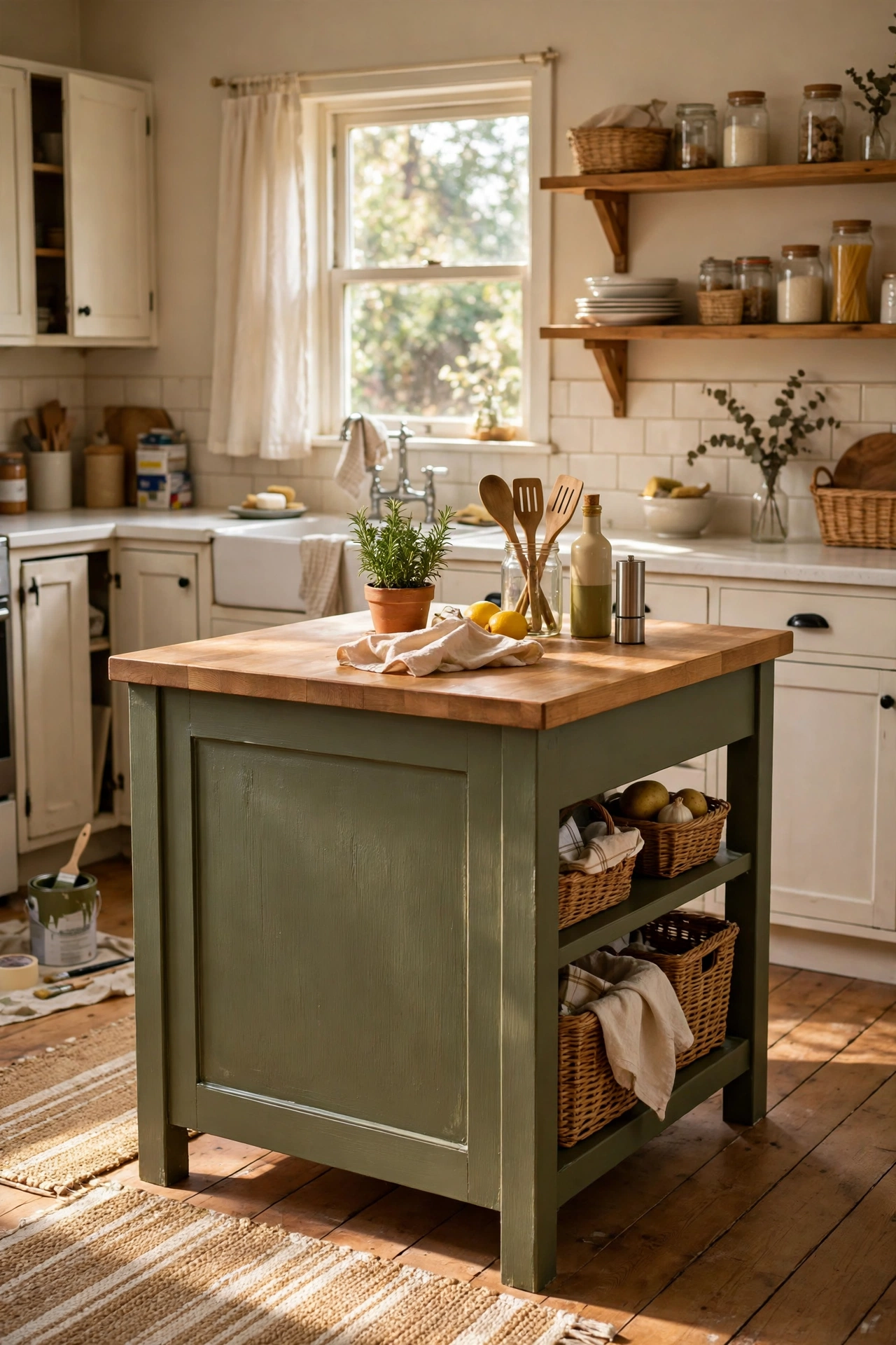 Freestanding kitchen island with olive green painted base