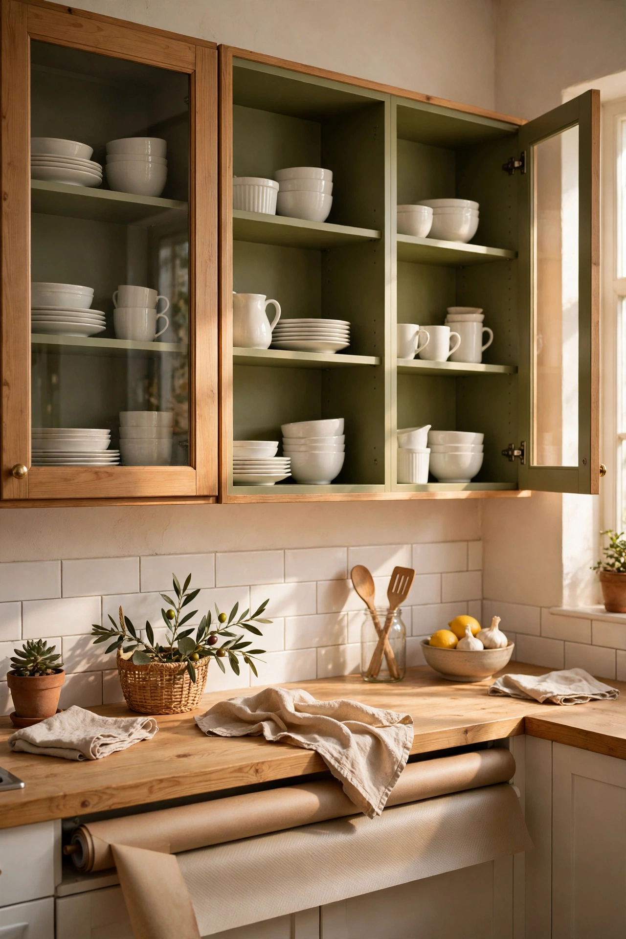 Glass-front cabinet interiors painted olive green behind white crockery
