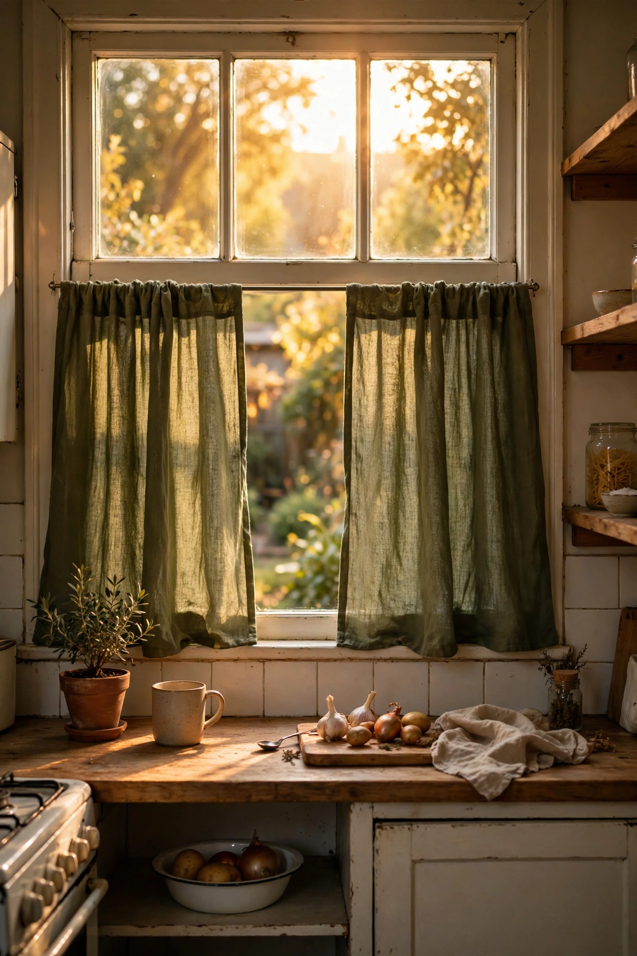 Olive green linen cafe curtains on a kitchen window