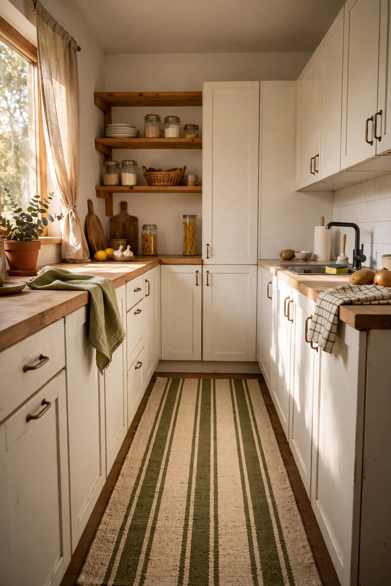 Flat-weave runner rug with olive green stripes in a kitchen