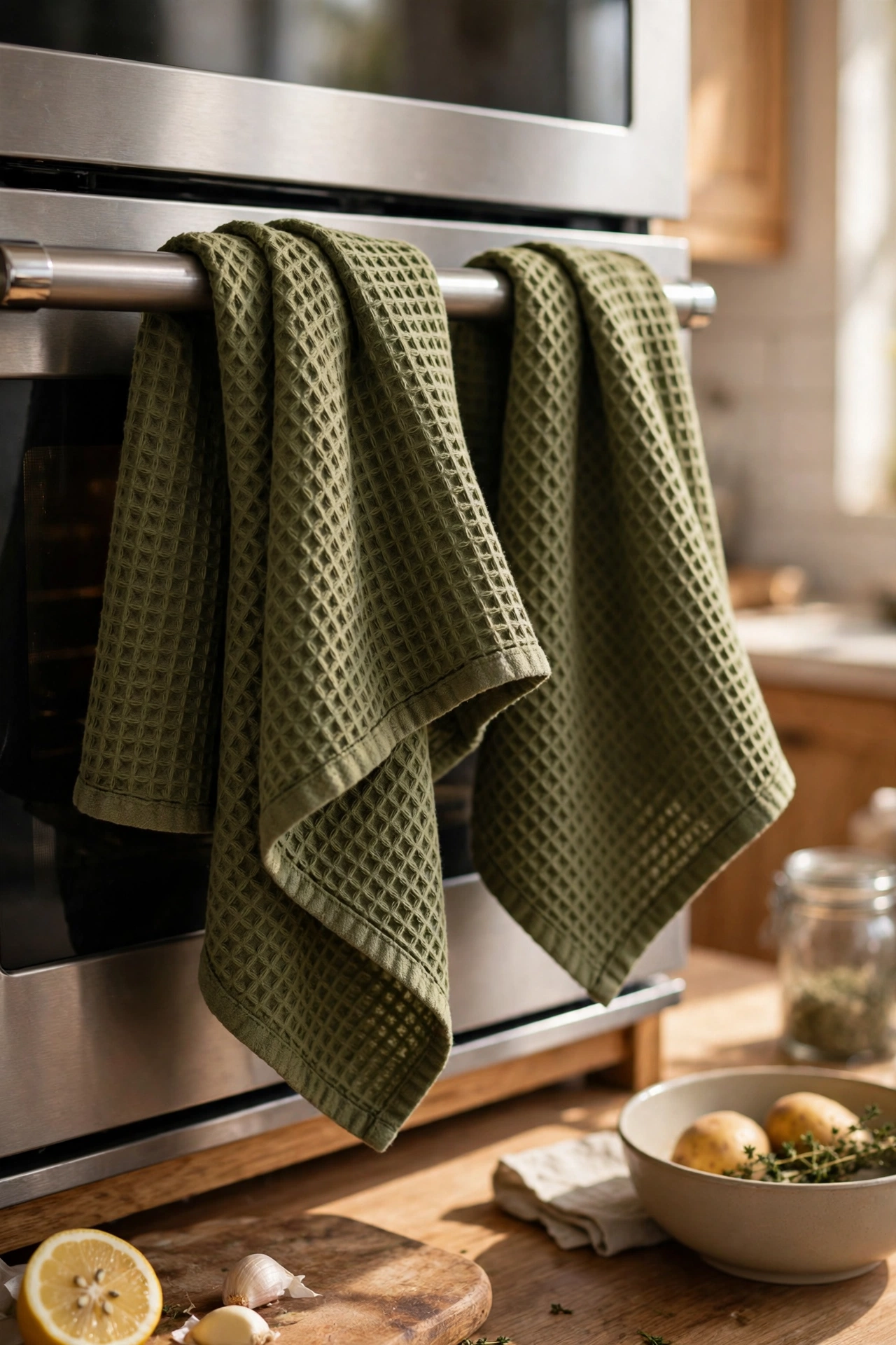 Olive green waffle-weave dish towels on an oven handle