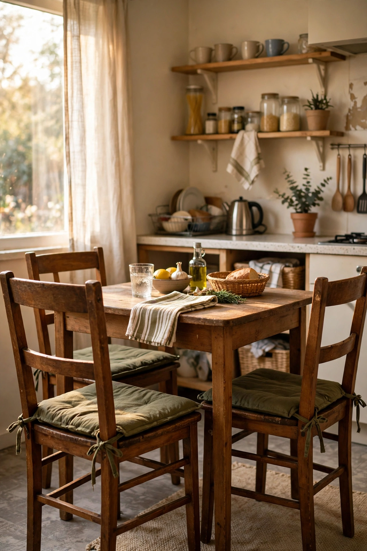 Wooden dining chairs with olive green seat pads