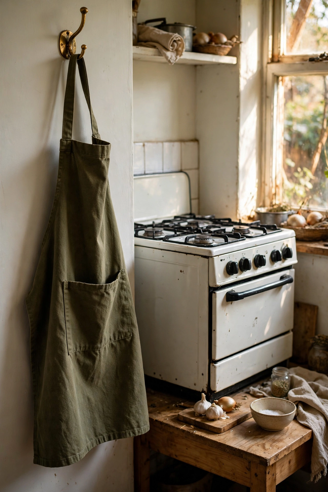 Olive green canvas apron hanging on a brass hook in a kitchen