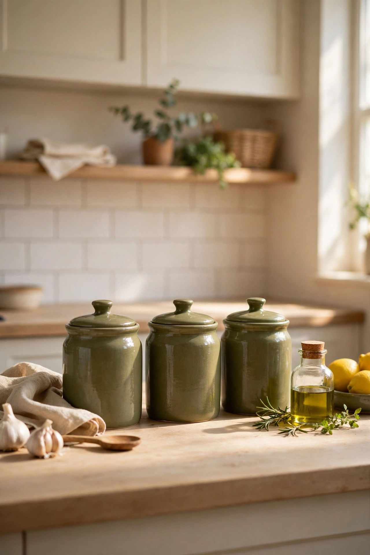 Olive green ceramic canister set on a kitchen counter
