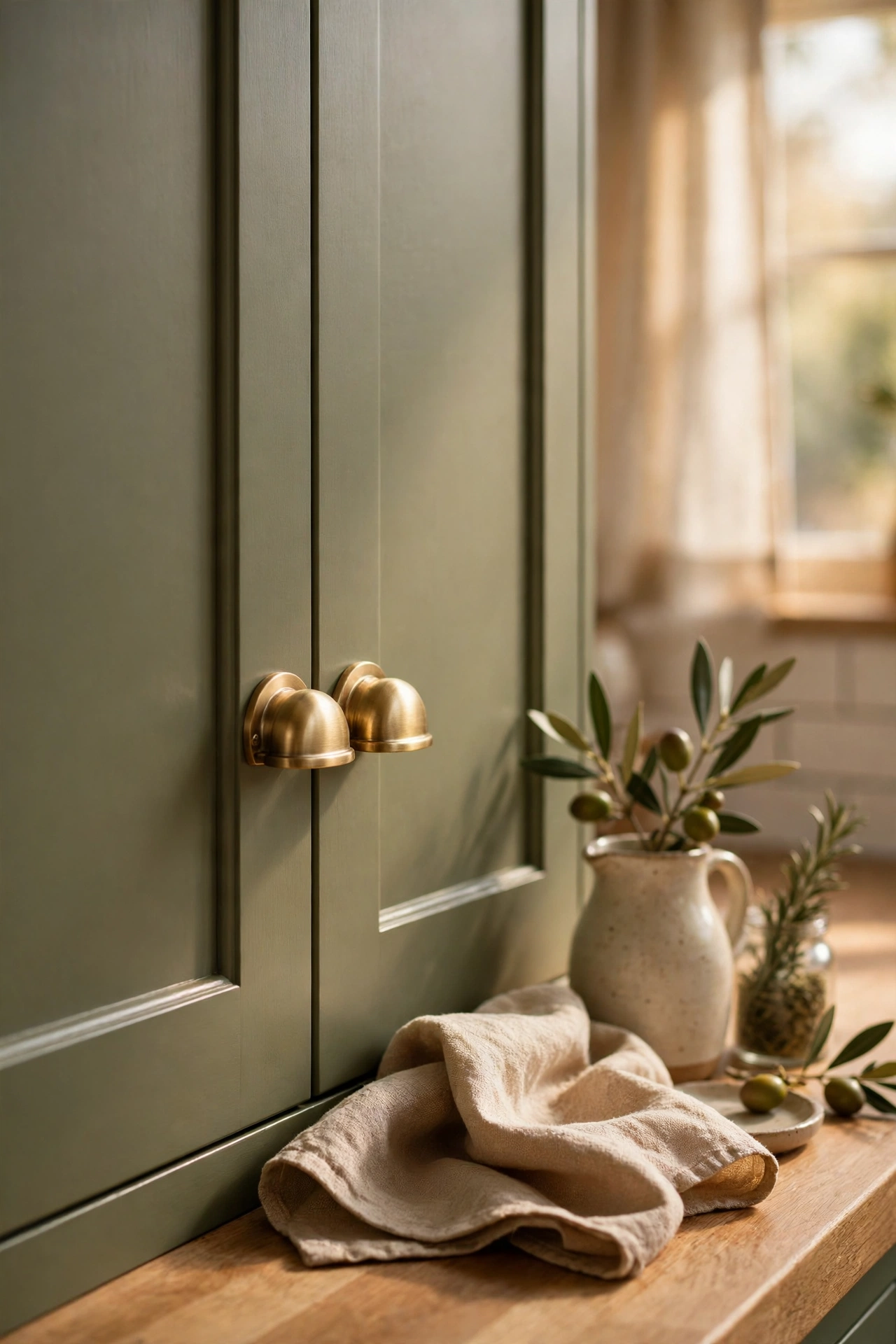 Brass cup pulls on olive green kitchen cabinets