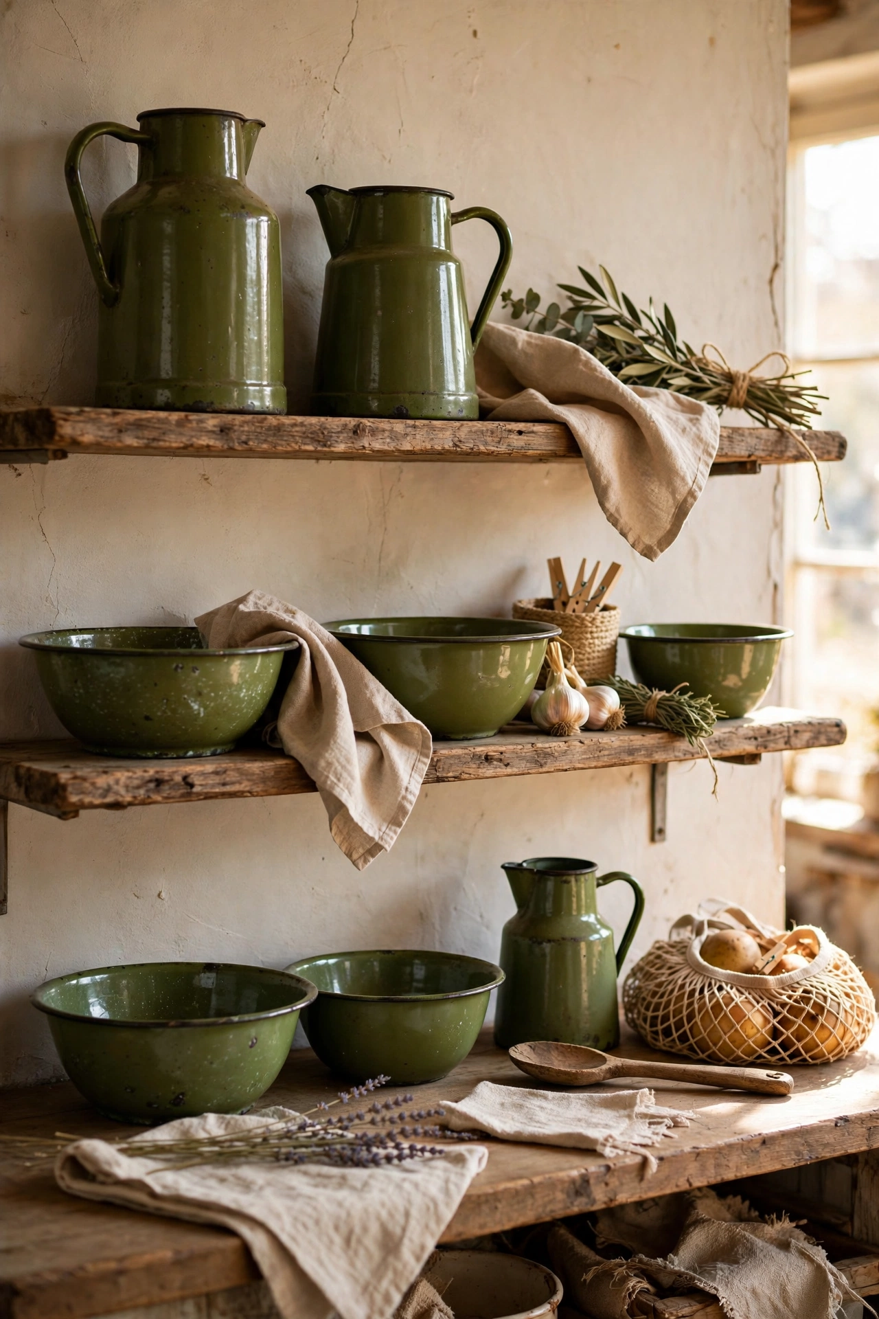 Vintage olive green enamelware displayed on an open kitchen shelf