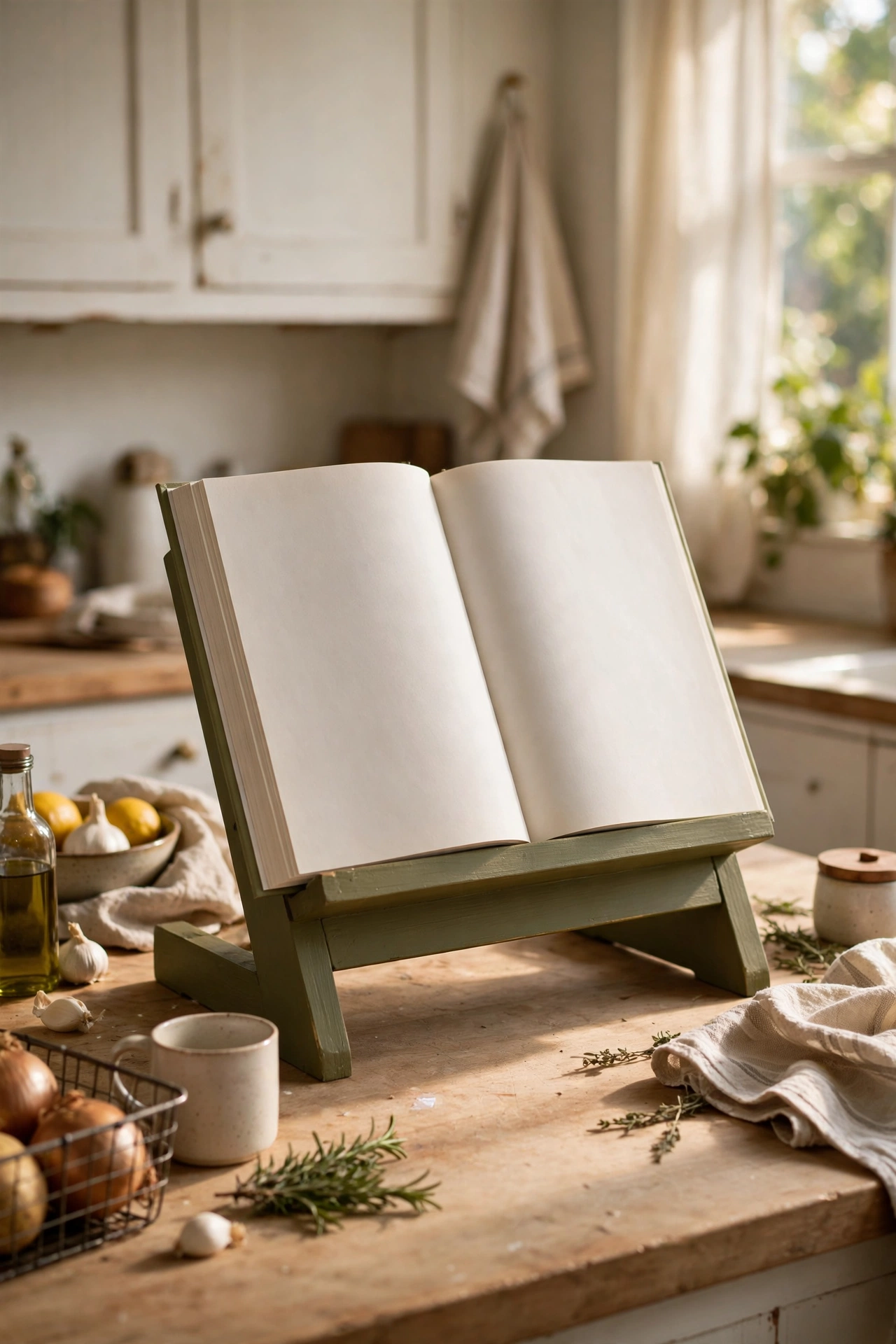 Wooden cookbook stand painted olive green on a kitchen counter