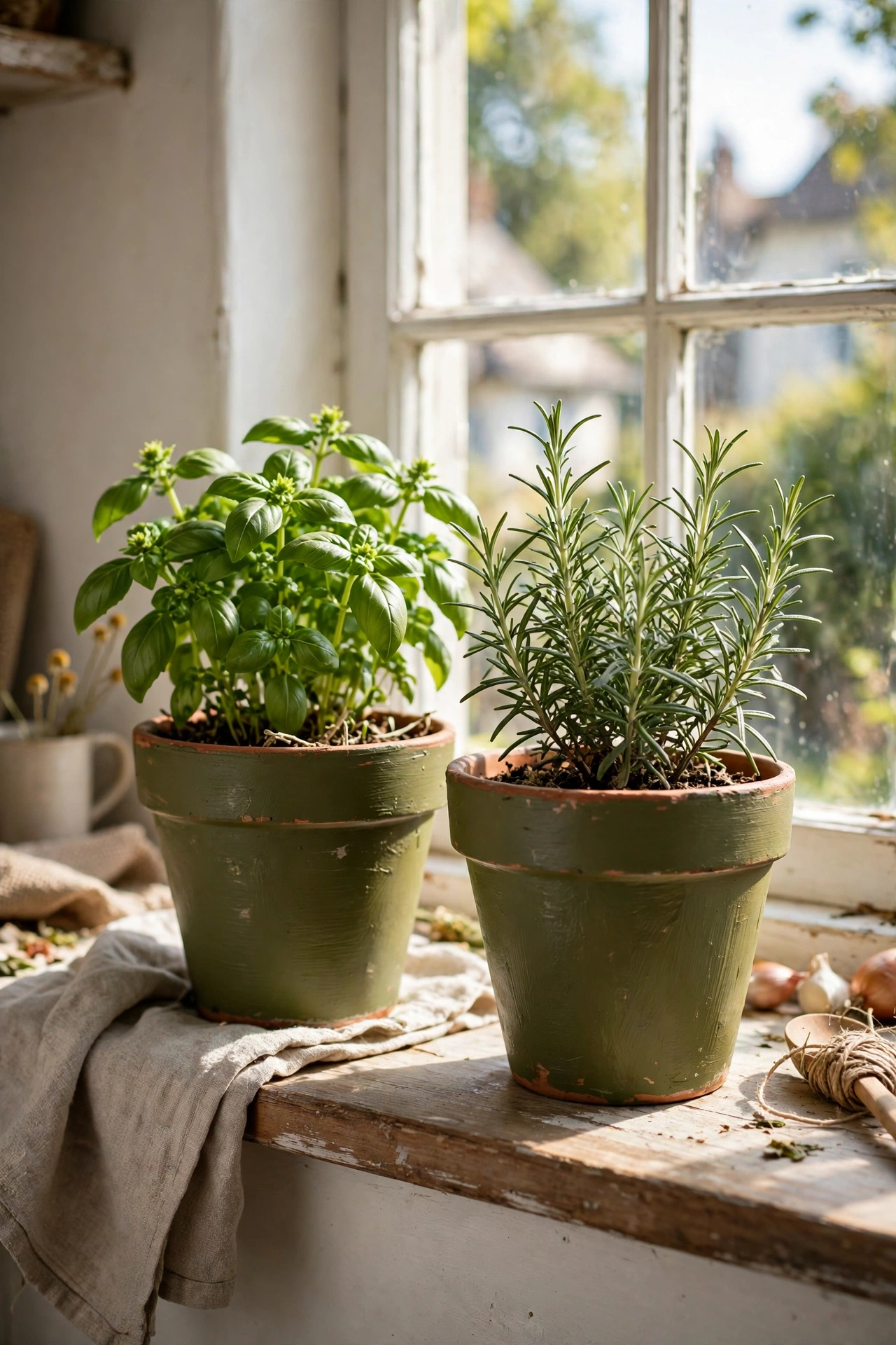 Terracotta pots painted olive green with kitchen herbs on a windowsill