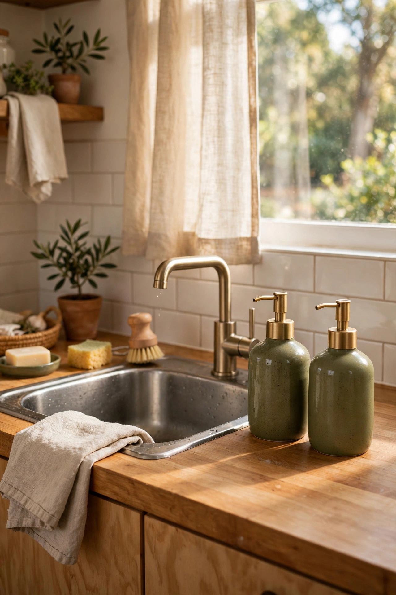 Olive green ceramic soap dispensers by a kitchen sink