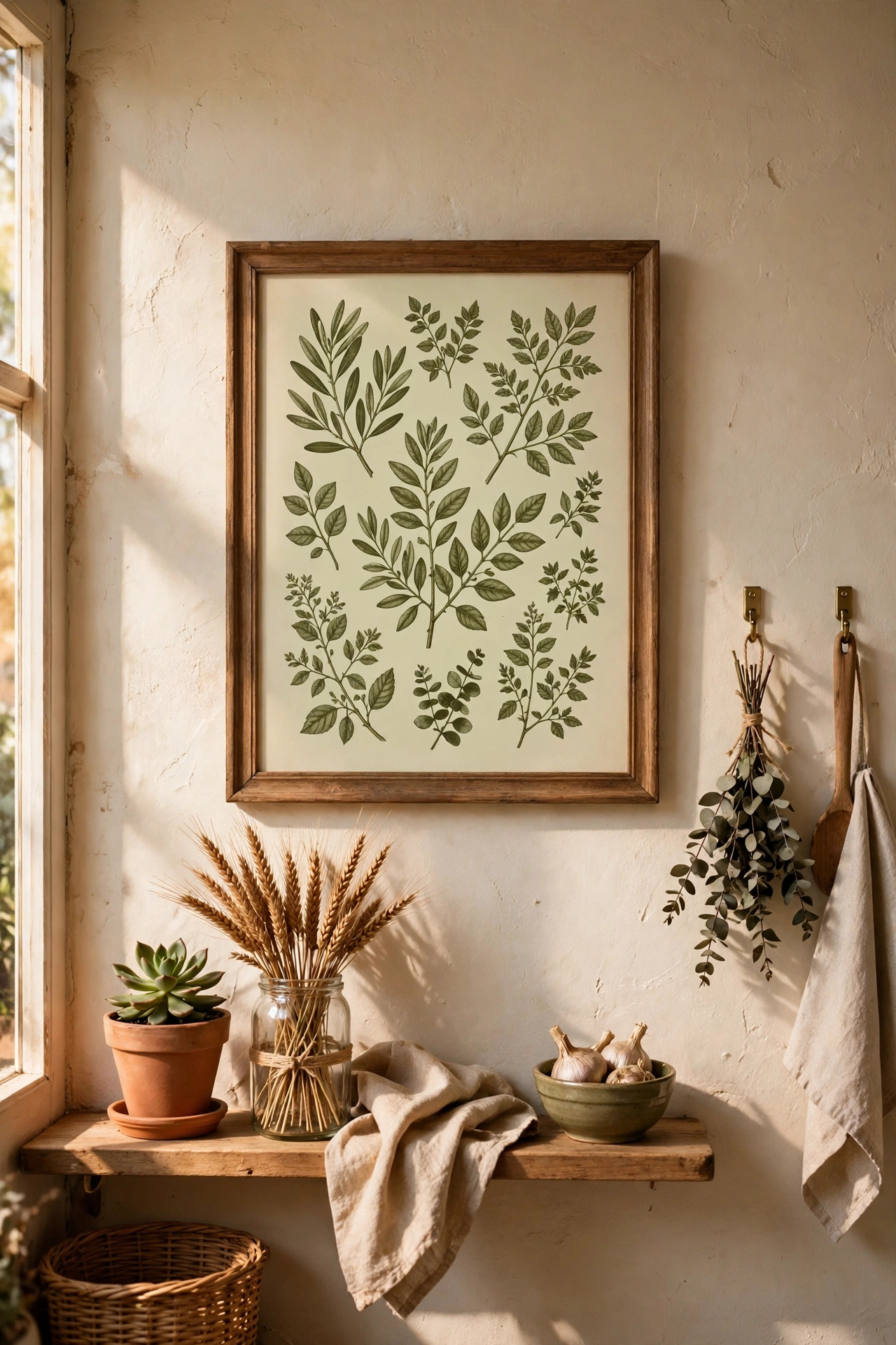Framed botanical print in olive tones on a kitchen wall