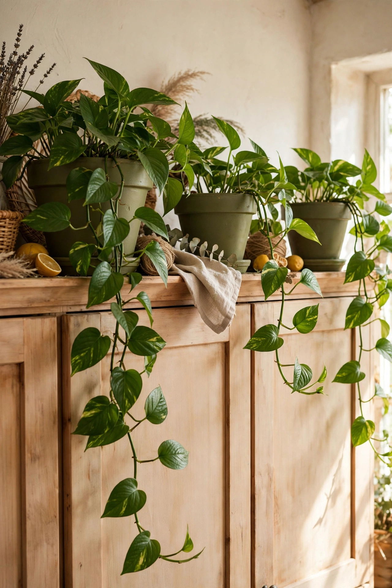 Trailing pothos plants in olive green pots on top of kitchen cabinets