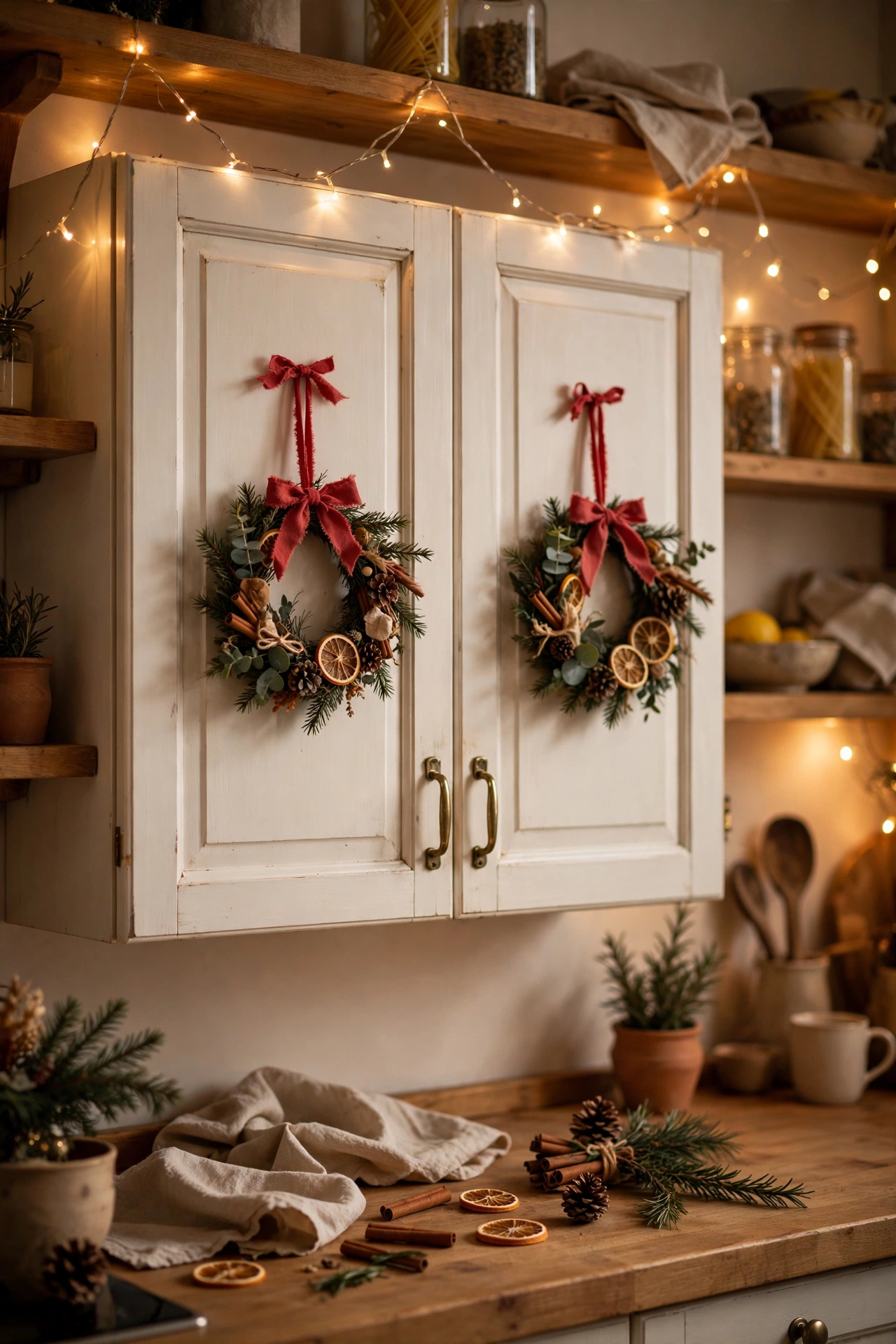 Mini Christmas wreaths with red ribbon on kitchen cabinet doors