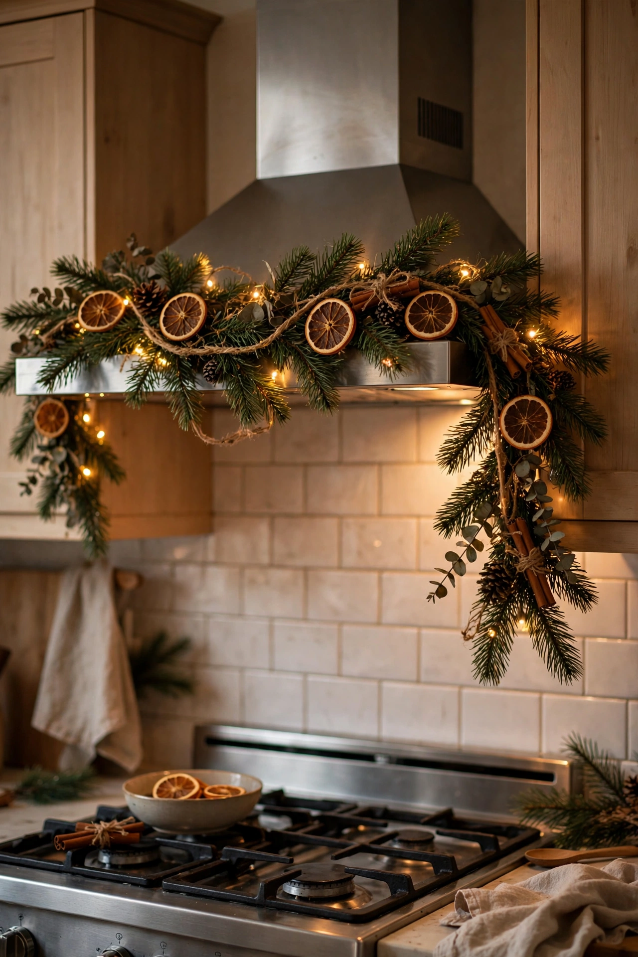 Faux pine garland draped over a kitchen range hood at Christmas