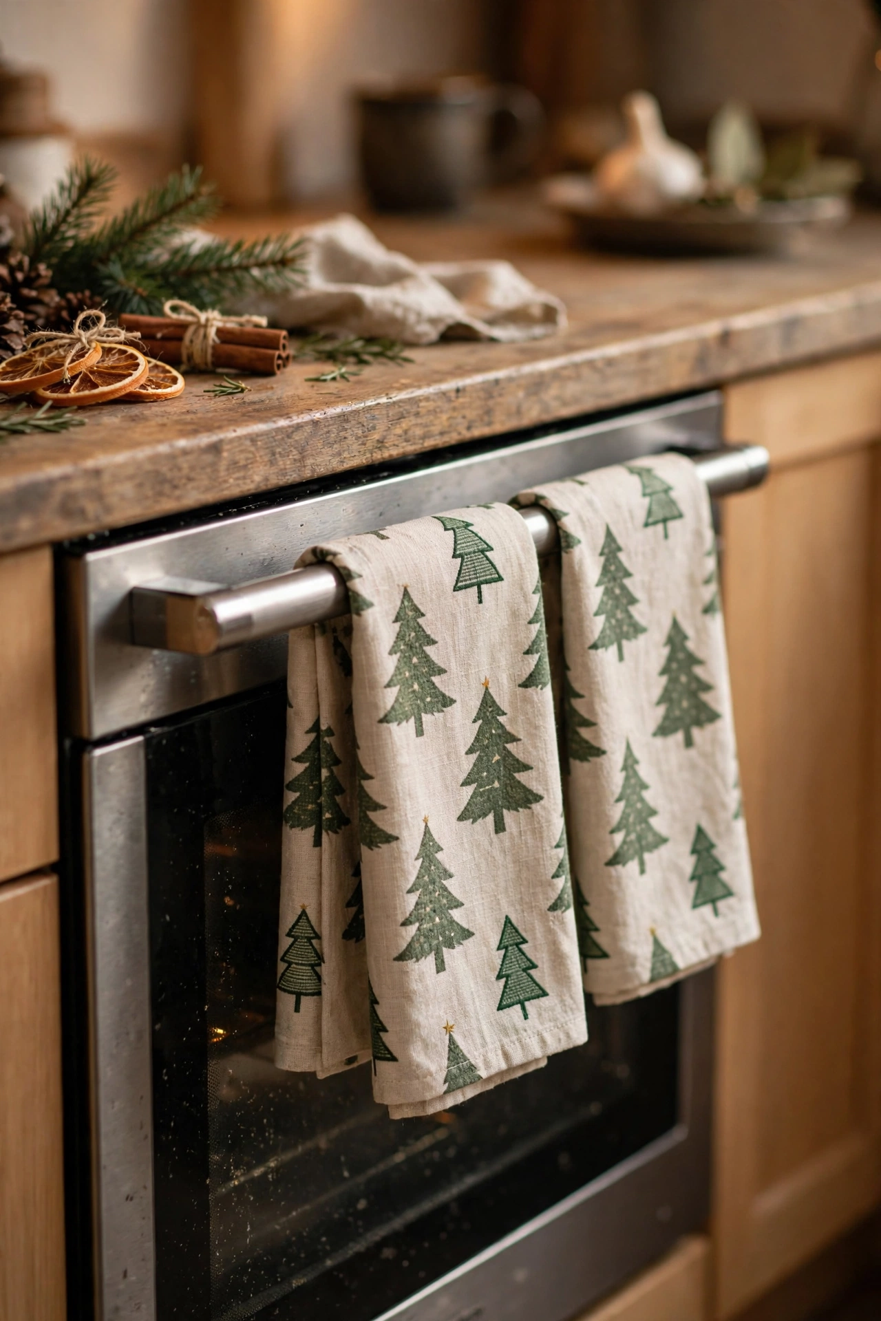 Christmas tree pattern tea towels on an oven handle