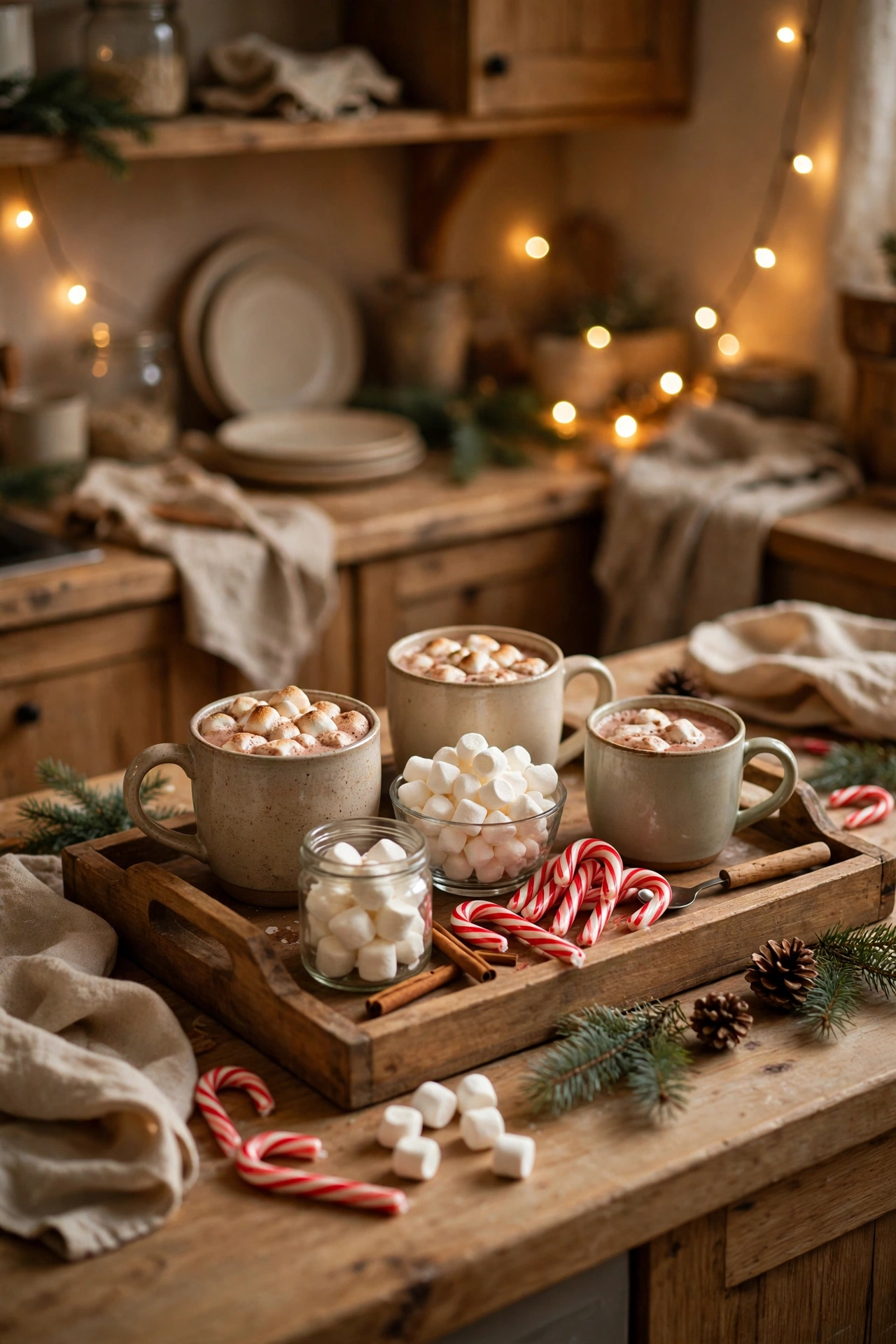 Hot cocoa station tray with mugs and marshmallows on a kitchen counter