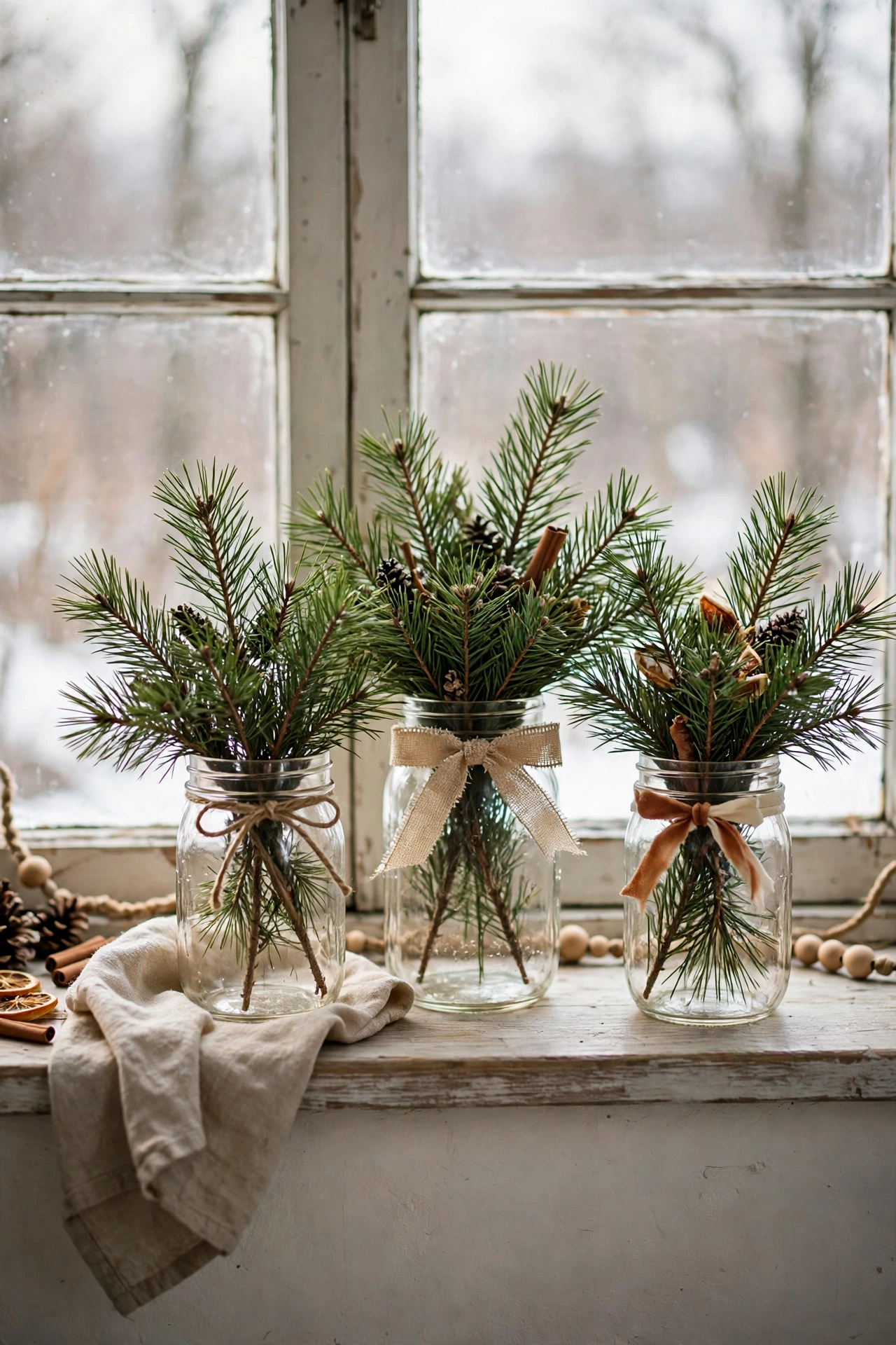 Pine sprigs in mason jars with ribbon on a kitchen windowsill