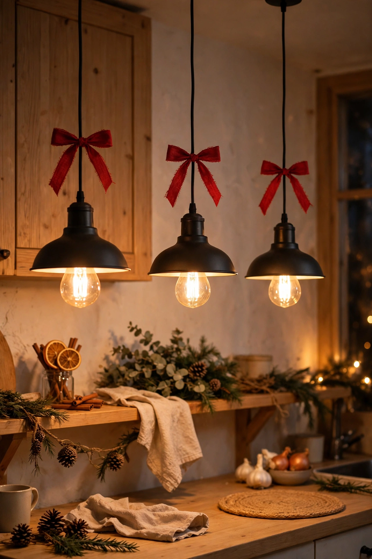 Red ribbon bows tied around kitchen pendant light cords