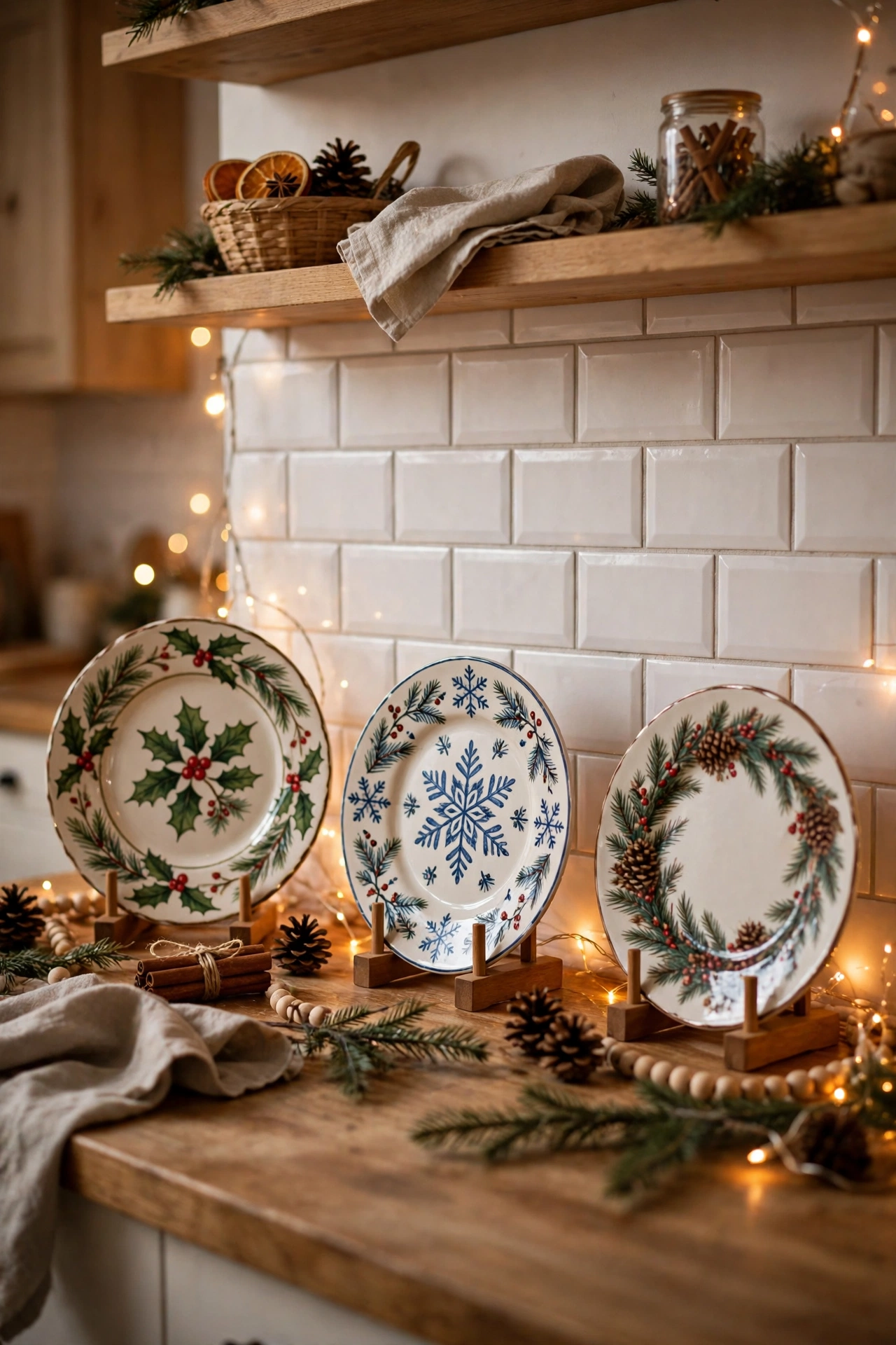 Festive Christmas plates displayed on stands along a kitchen backsplash