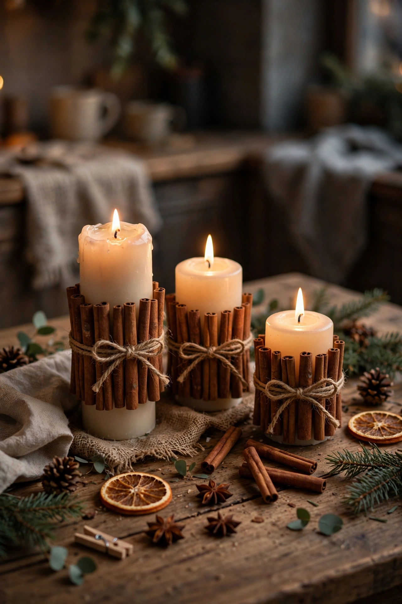 Pillar candles wrapped with cinnamon sticks and twine
