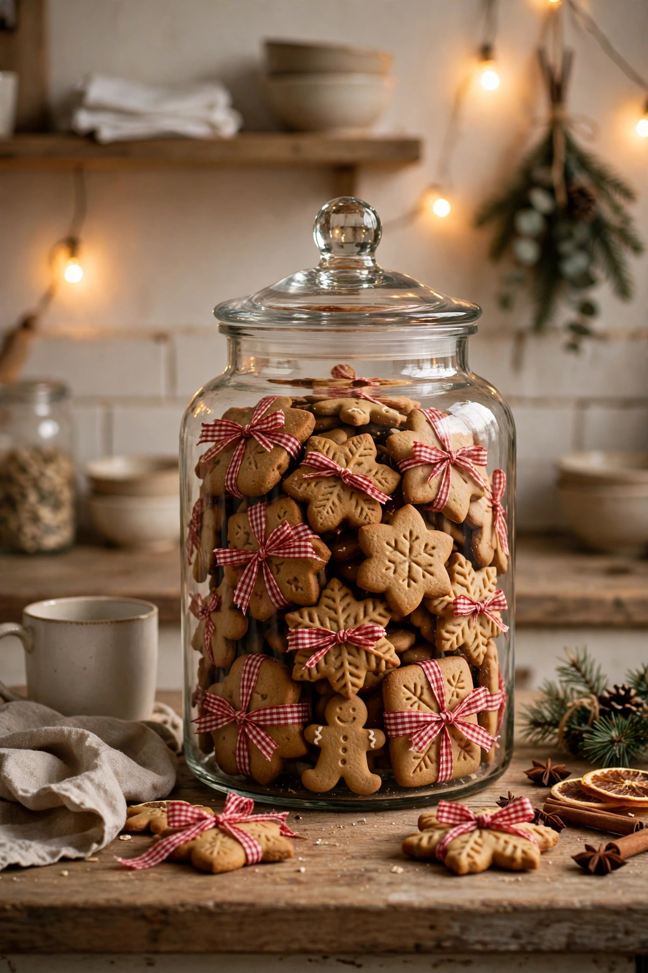 Glass cookie jar filled with Christmas biscuits on a kitchen counter