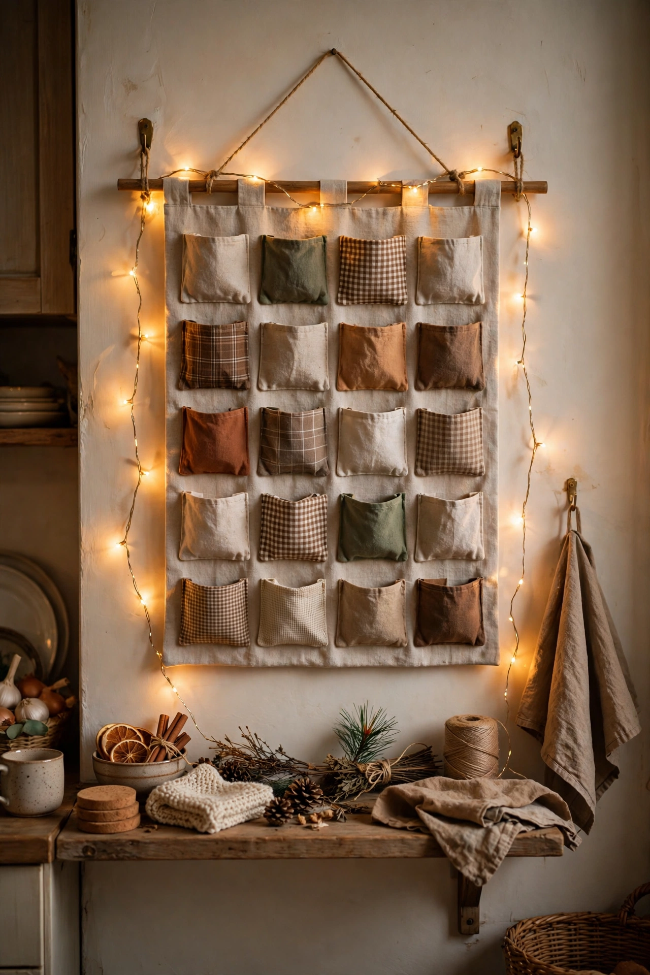 Fabric advent calendar hanging on a kitchen wall