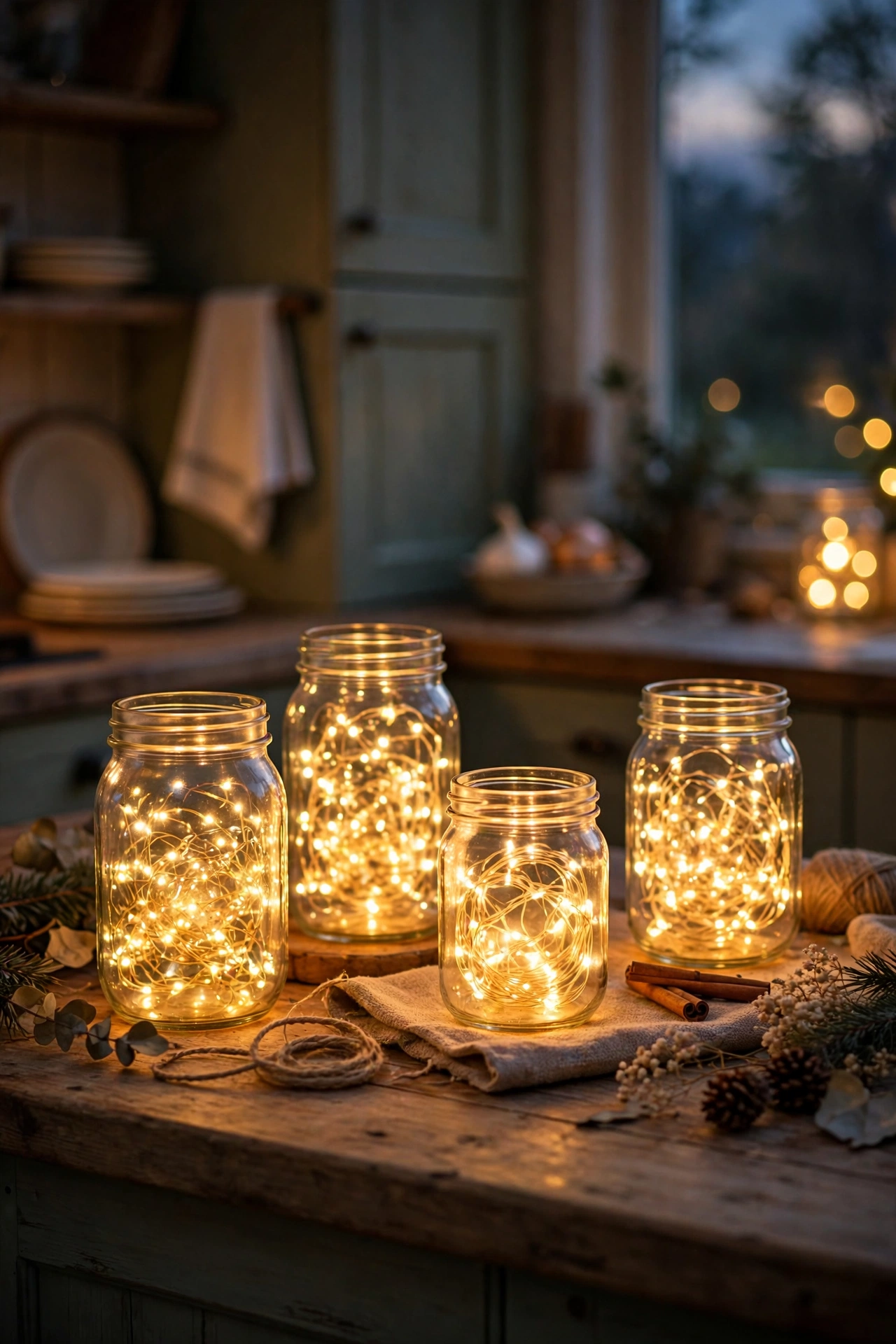 Battery fairy lights glowing inside glass jars on a kitchen counter
