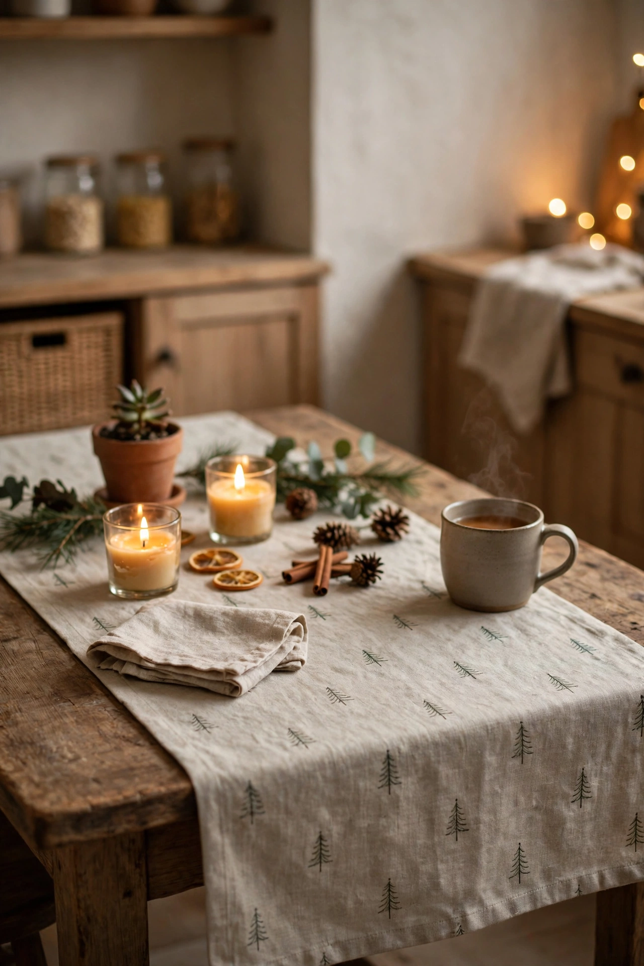 Christmas table runner with subtle tree pattern on a kitchen table