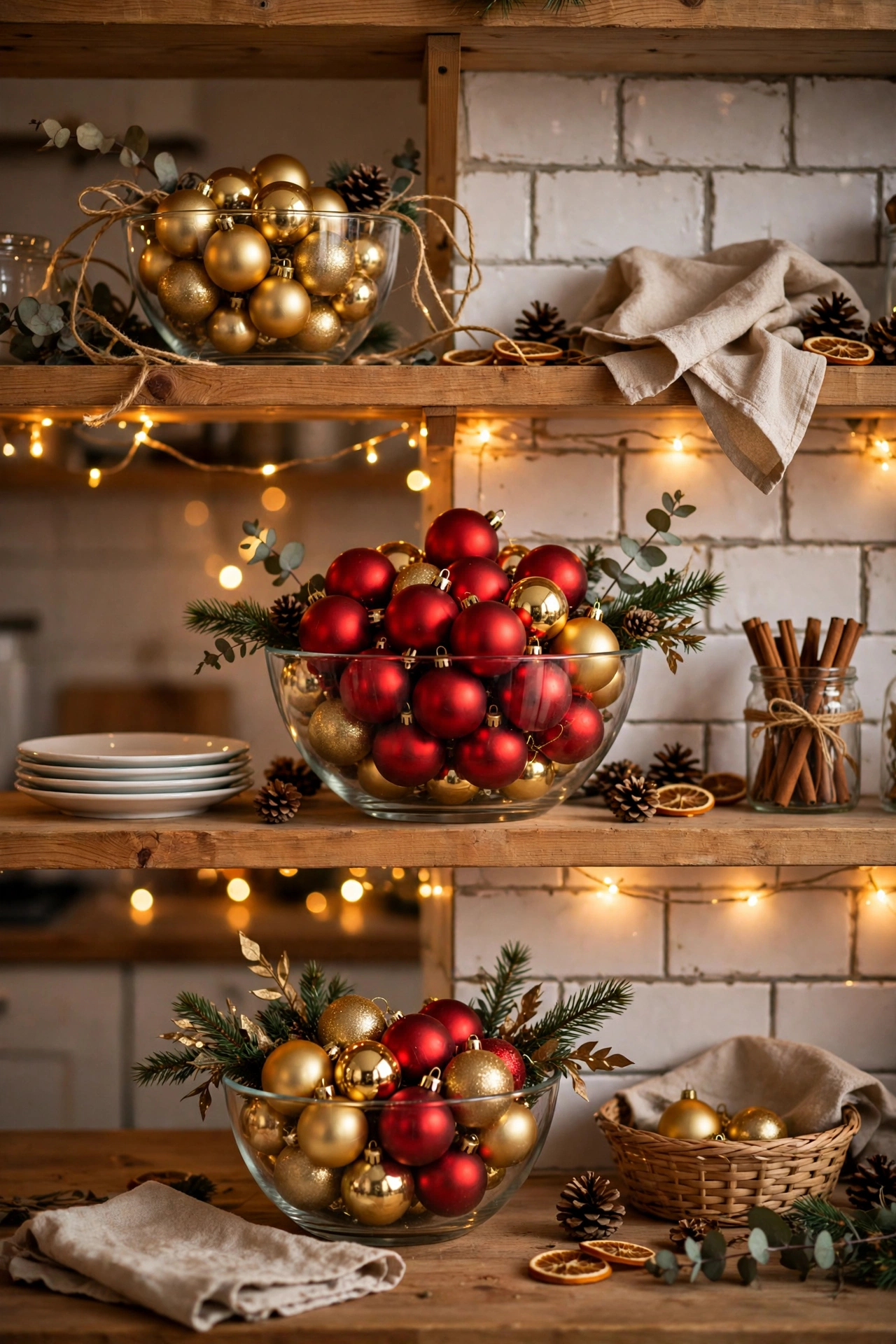 Glass bowls filled with red and gold Christmas baubles on kitchen shelves