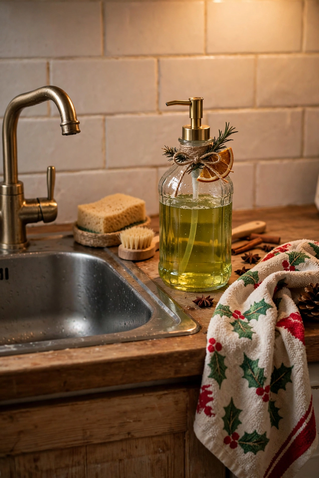 Christmas scented washing up liquid in a pretty dispenser by the sink