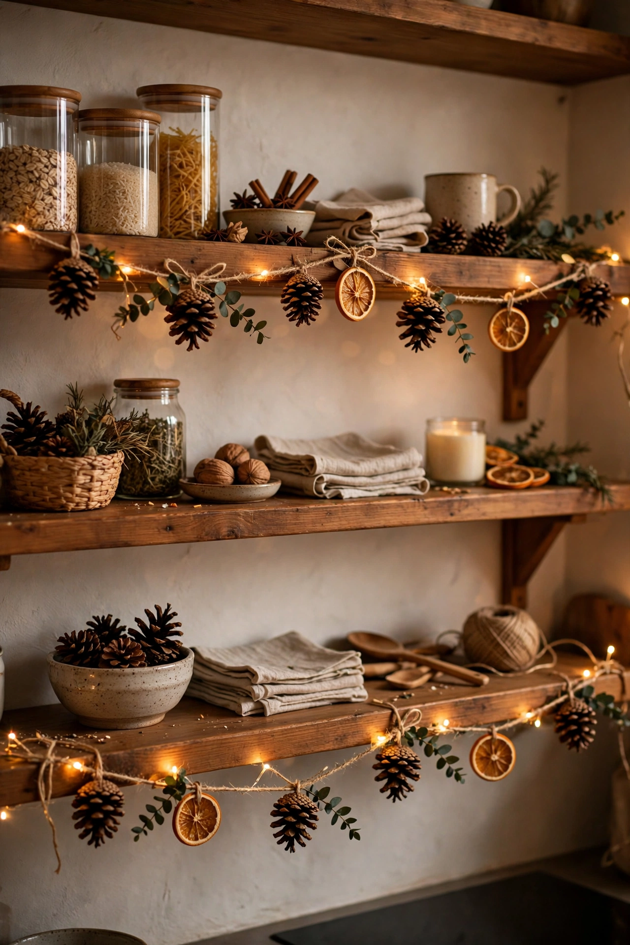 Pinecone garland on twine draped along open kitchen shelves