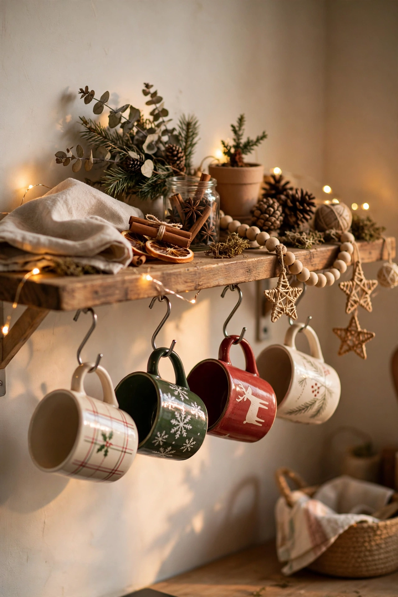 Christmas mugs hanging on hooks under a kitchen shelf