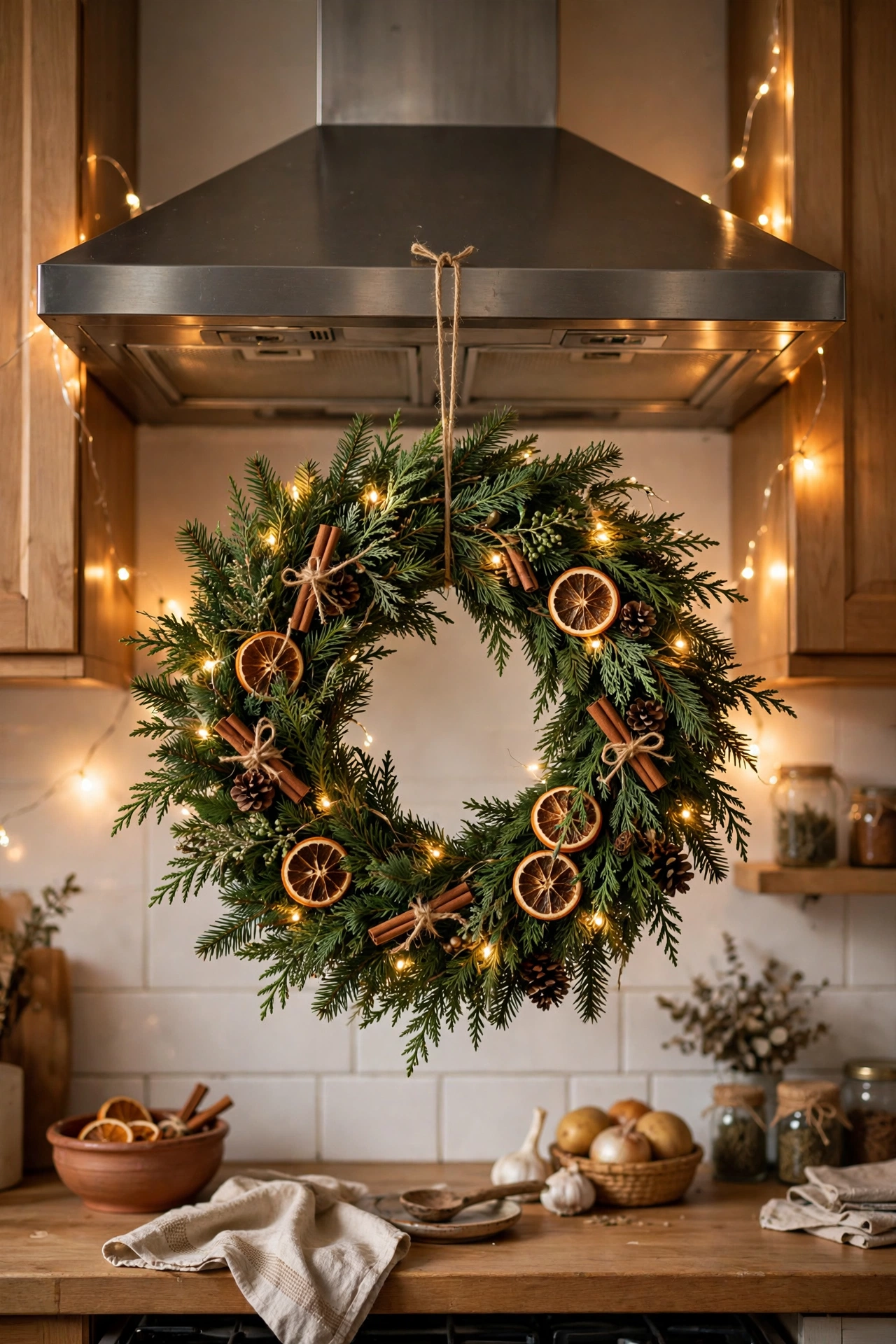 Full-size Christmas wreath hung on a kitchen range hood