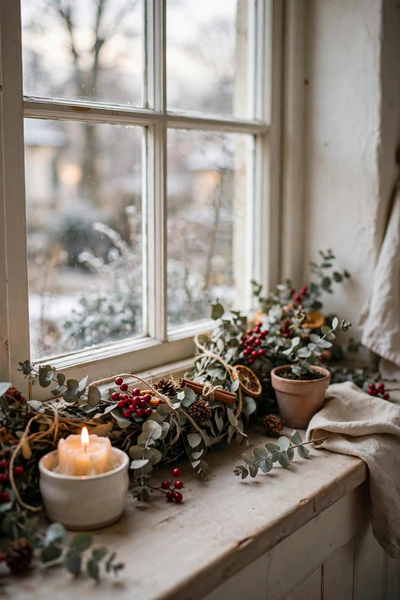 Eucalyptus and red berry garland along a kitchen windowsill