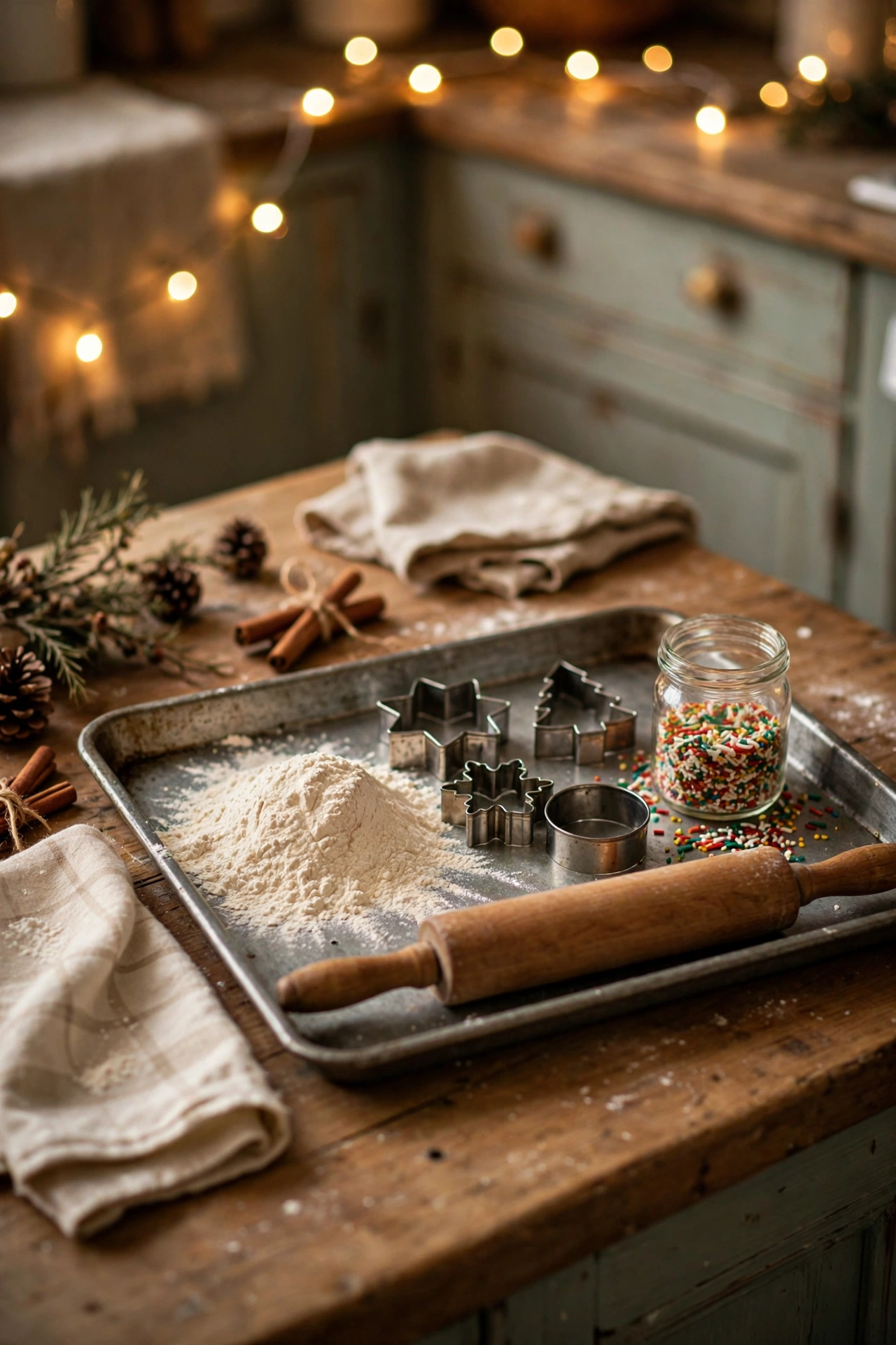 Holiday baking station tray with flour, cutters and sprinkles