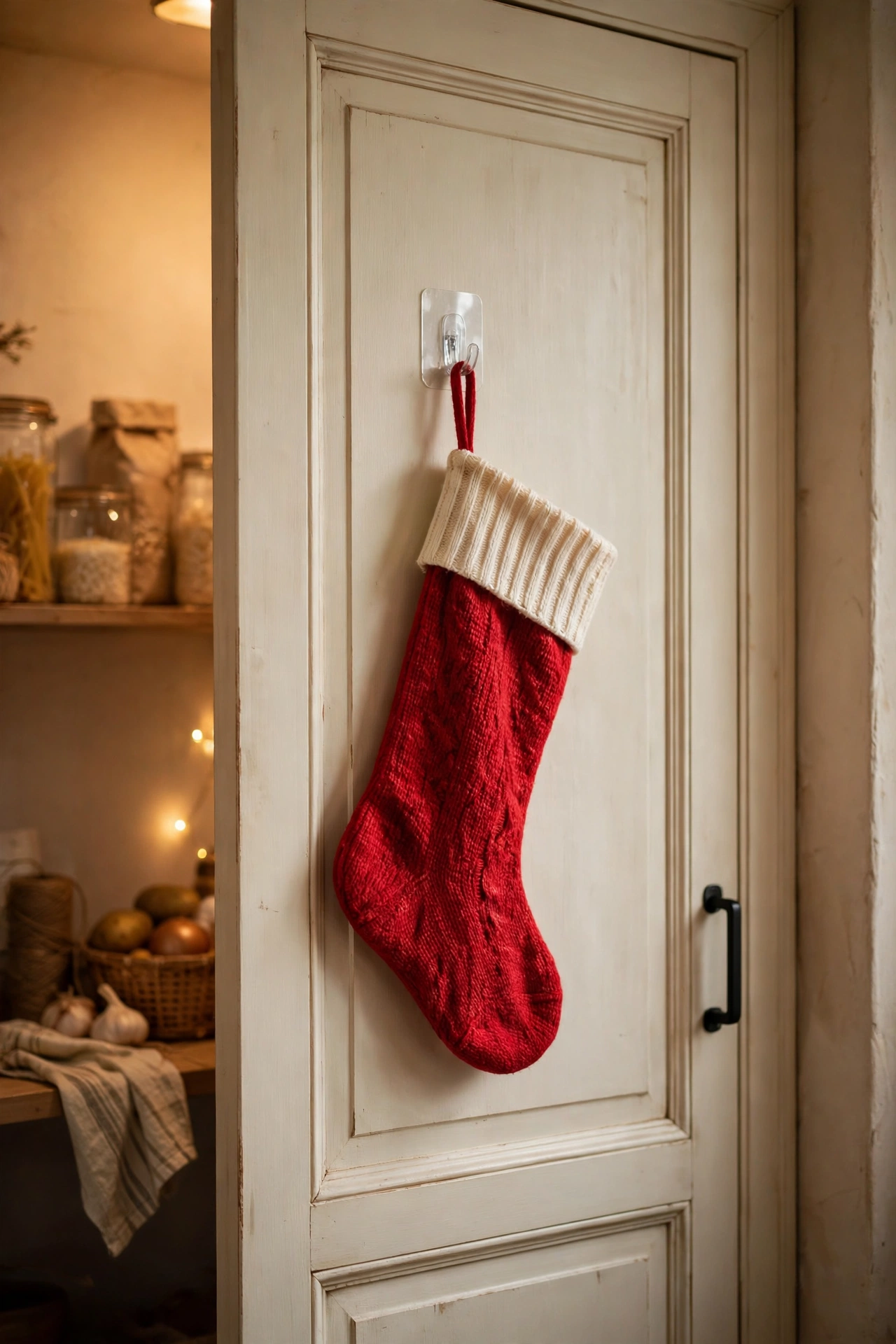 Christmas stocking hanging on a kitchen pantry door