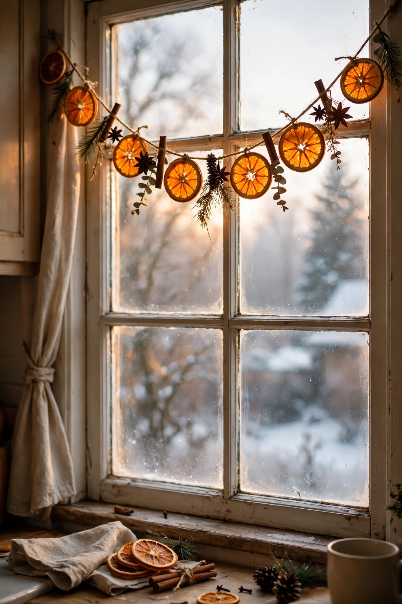 Dried orange slice garland glowing against a kitchen window
