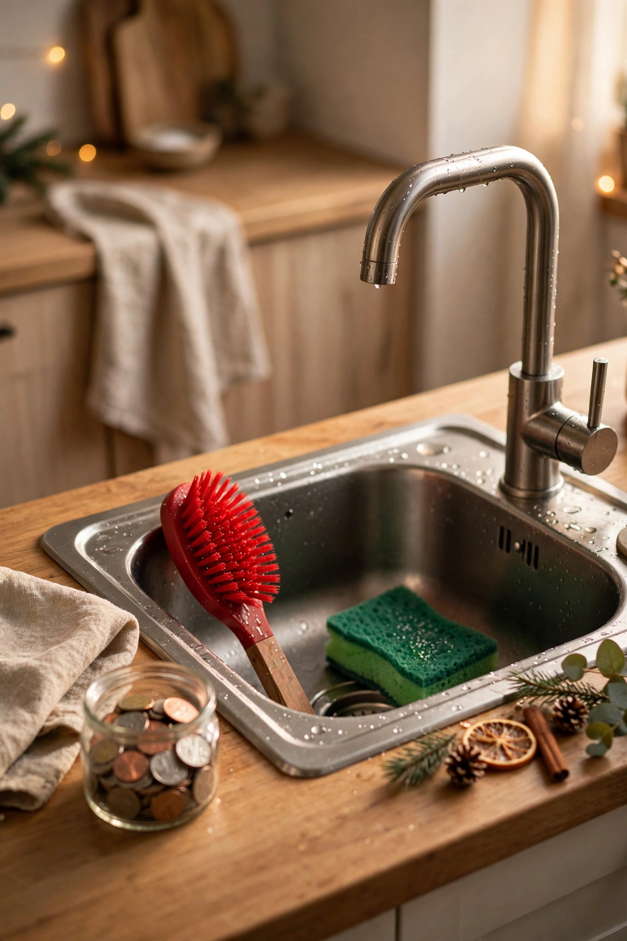 Red dish brush and green sponge by a Christmas kitchen sink