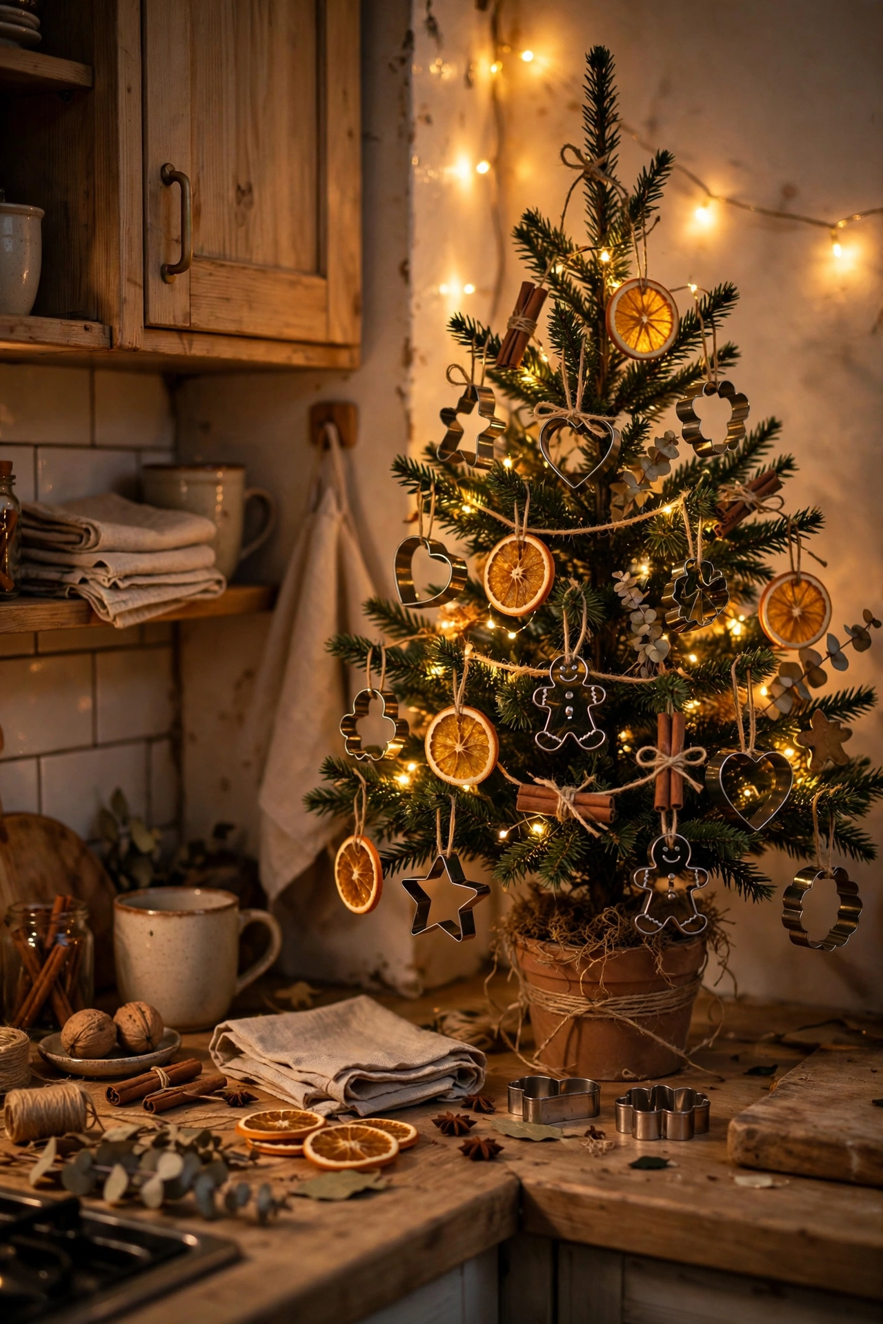 Small decorated Christmas tree in a kitchen corner