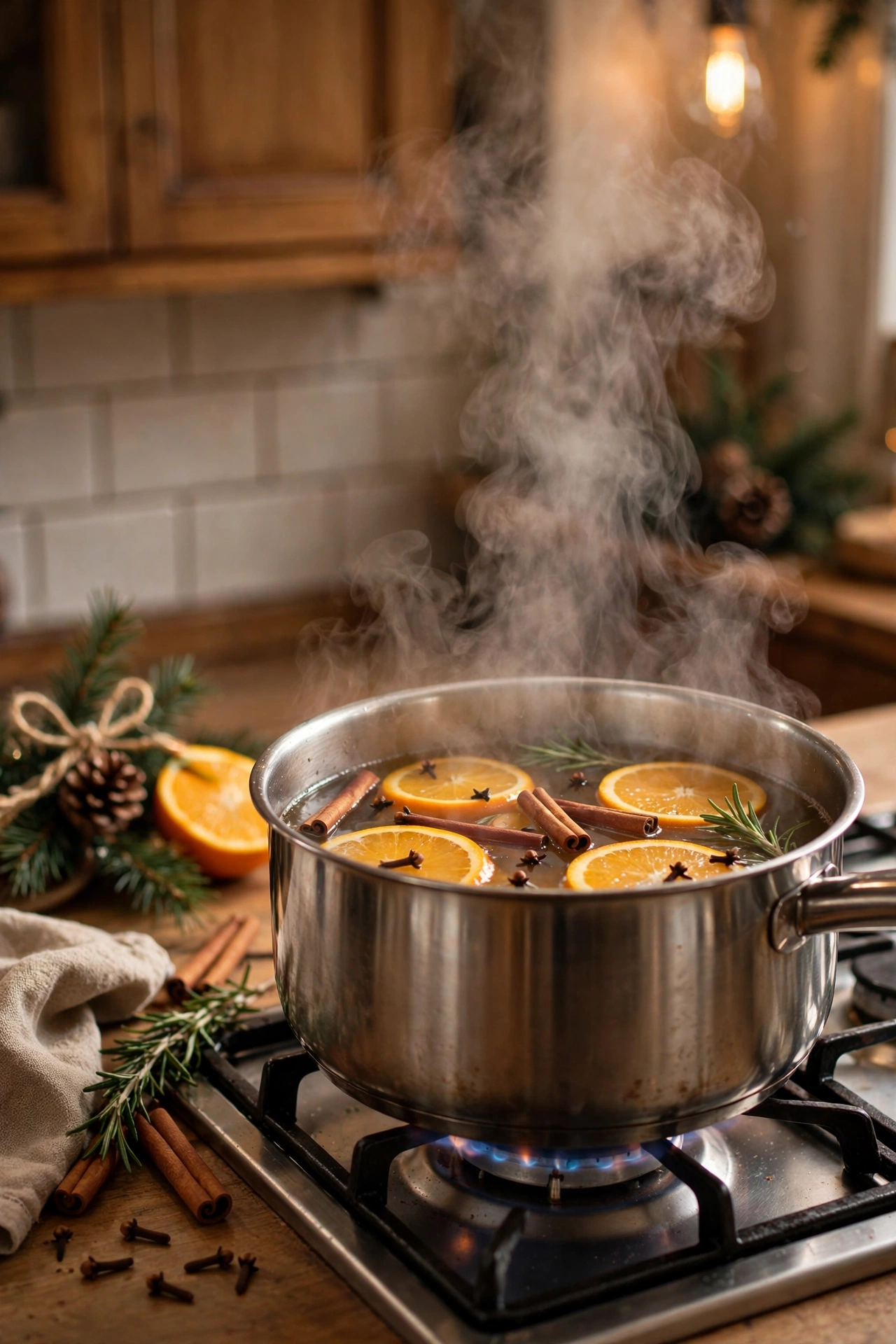 Stovetop simmer pot with oranges, cinnamon and cloves