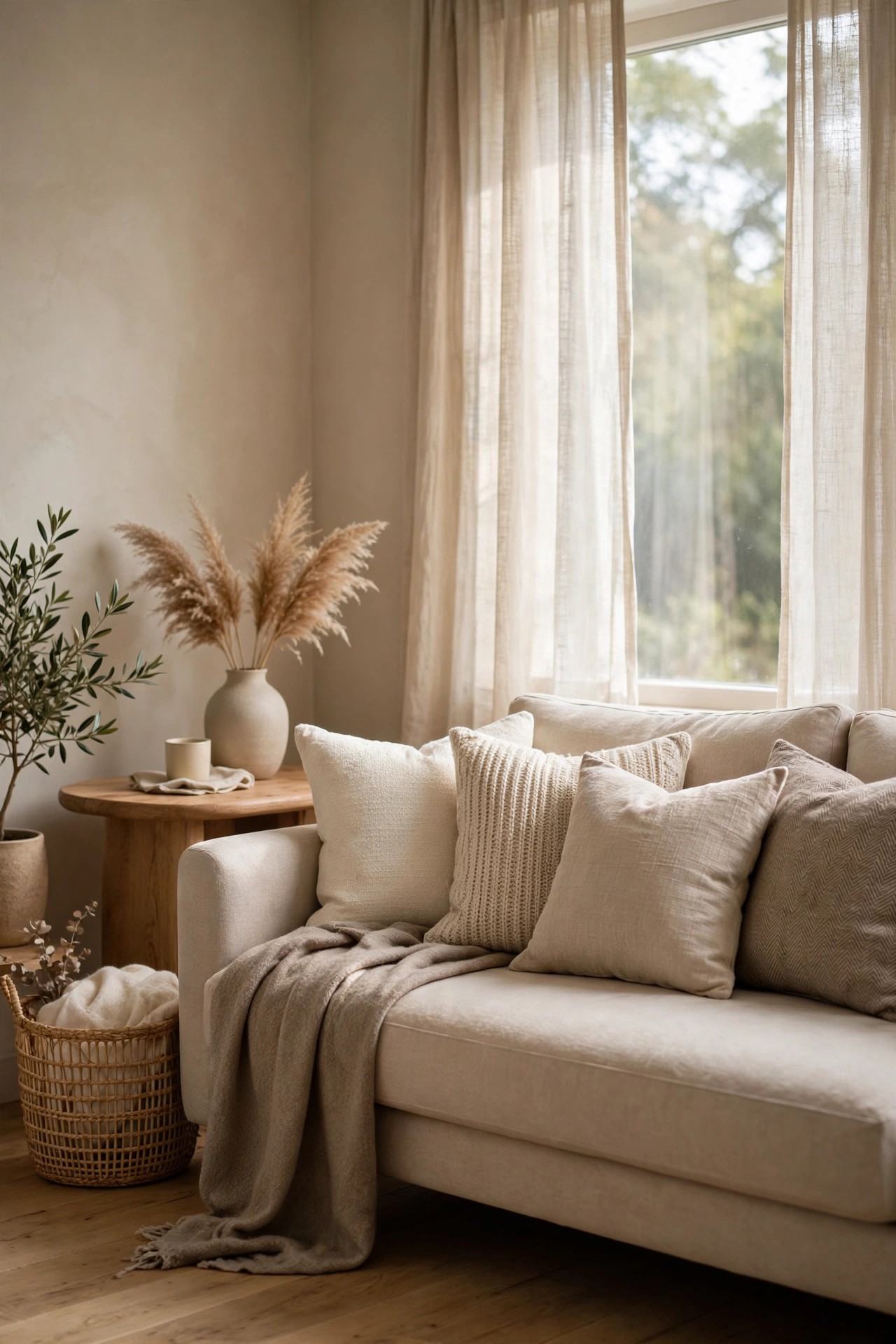 Beige sofa layered with cream oatmeal and taupe throw pillows in tone-on-tone neutrals