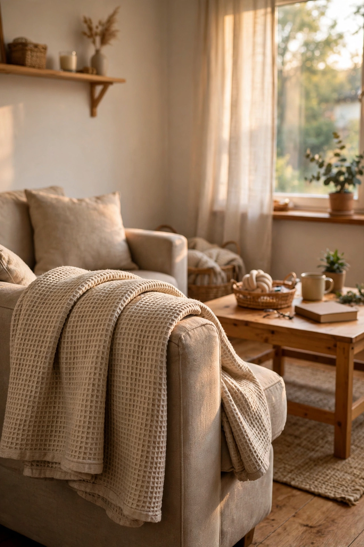 Soft beige waffle weave throw blanket draped over a neutral sofa arm