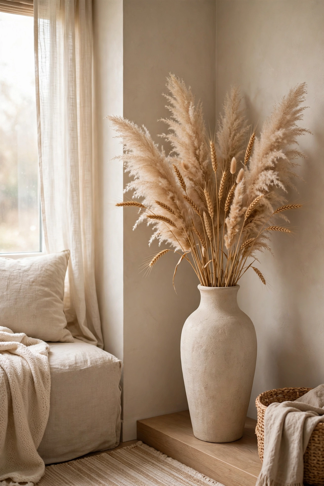 Dried pampas grass and wheat stems in a simple vase in a beige living room