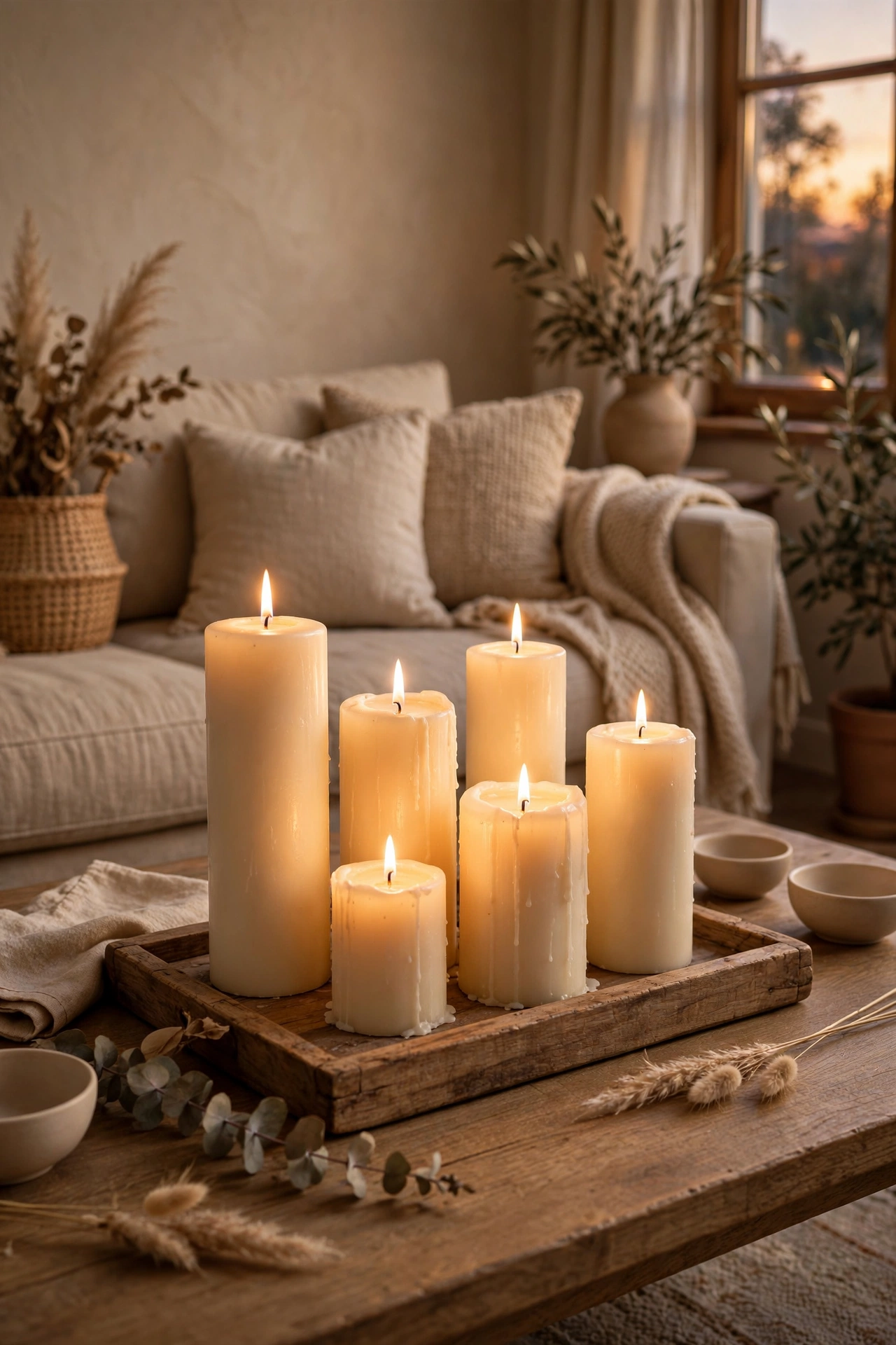 Cluster of cream pillar candles on a wooden tray glowing in a beige living room