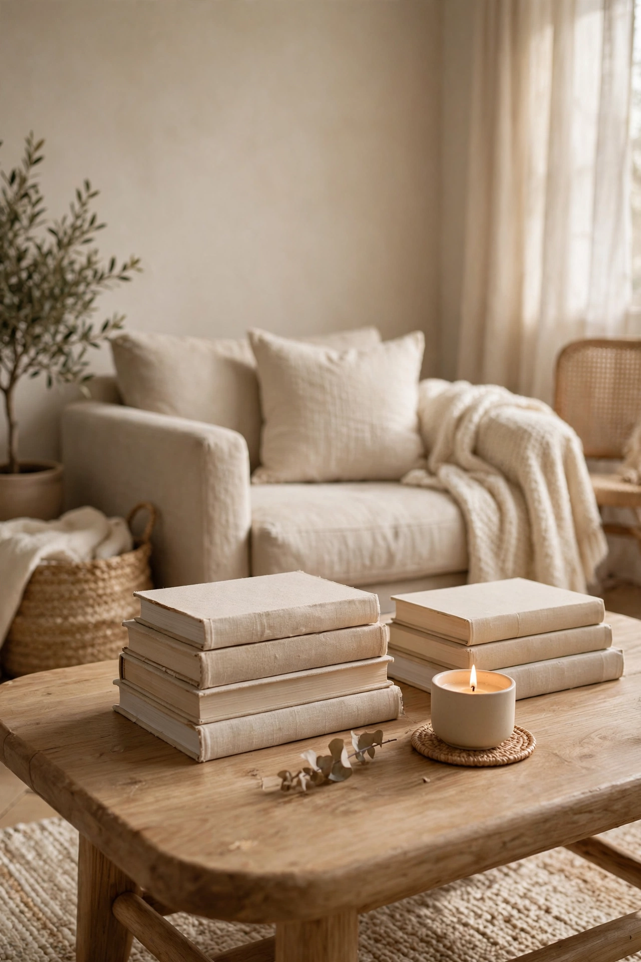 Coffee table styled with stacks of neutral beige and cream books