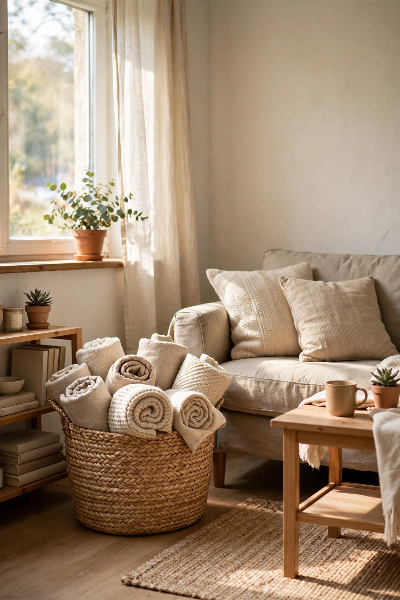 Large woven basket holding rolled beige throws beside a neutral sofa