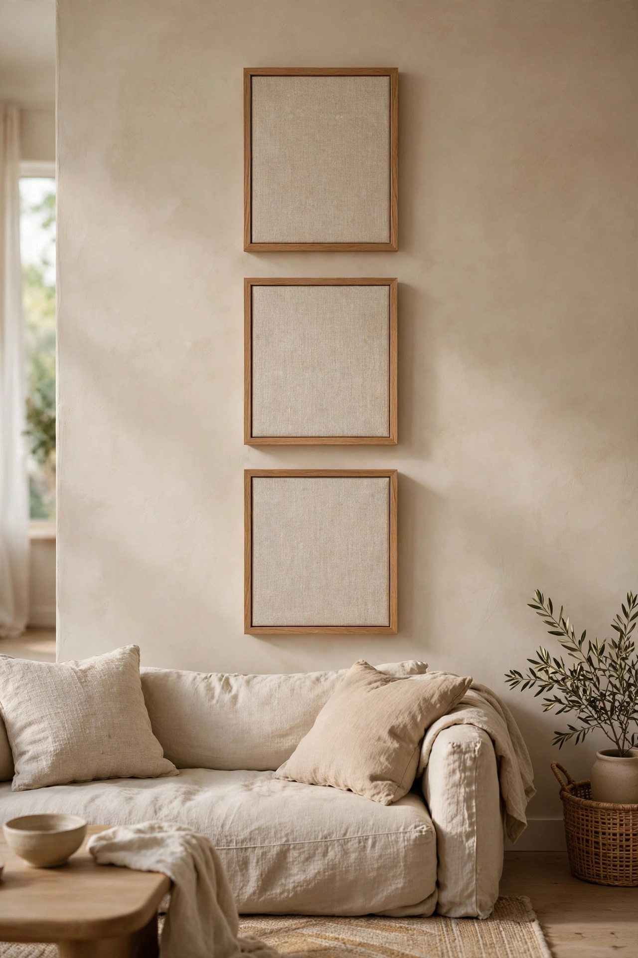 Framed oatmeal linen fabric squares as textile wall art in a beige living room