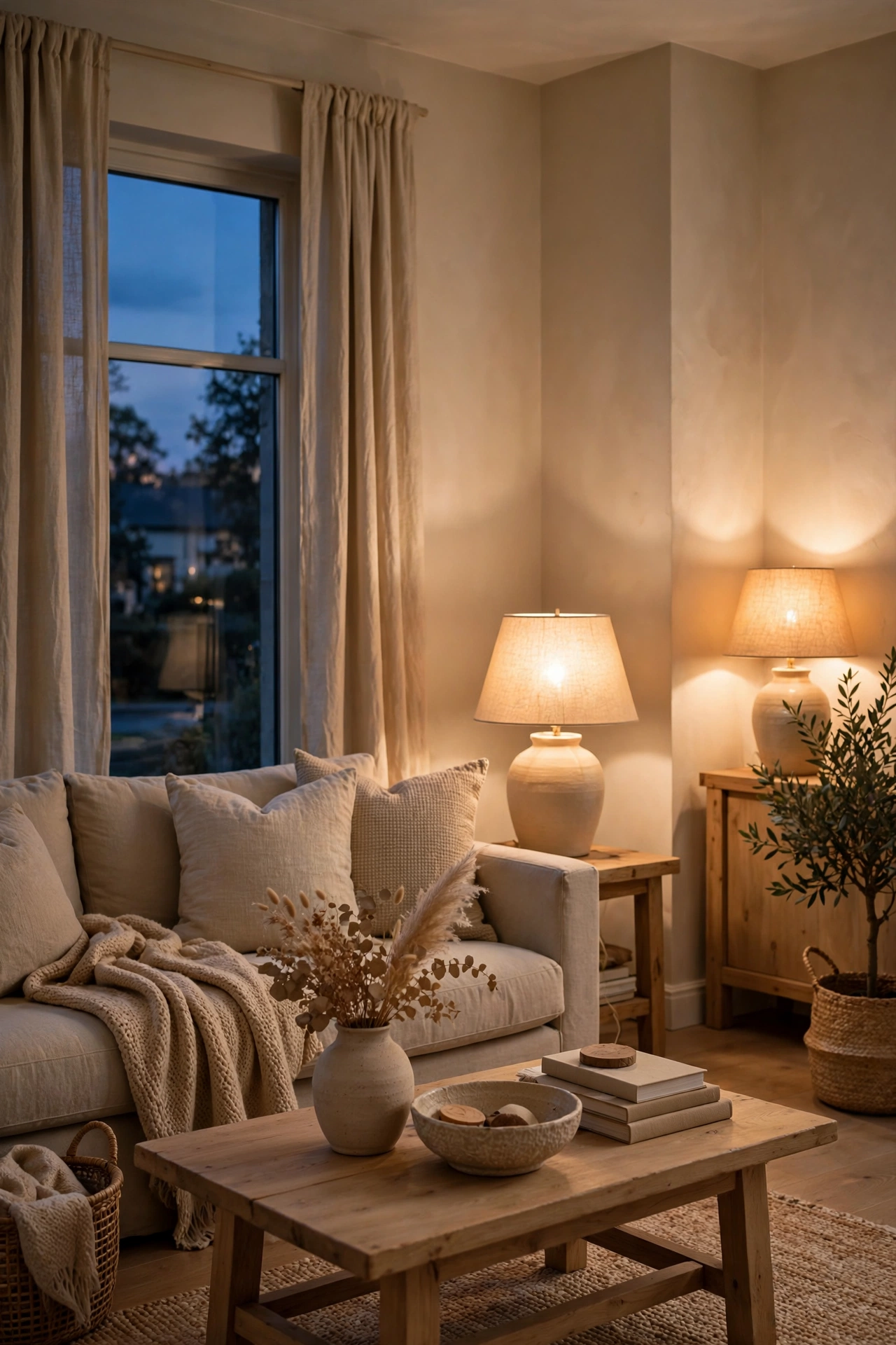 Beige living room glowing warmly with warm-white 2700K light bulbs in lamps