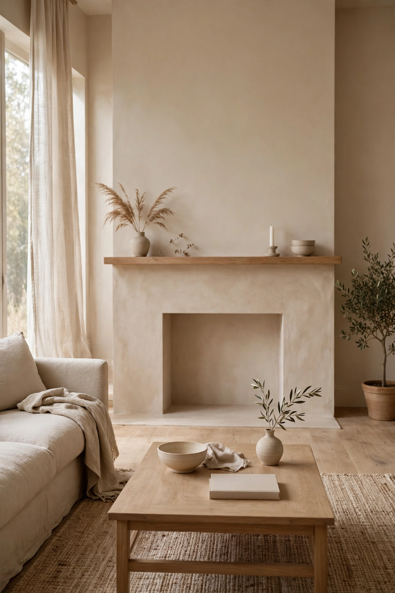 Minimal styled beige coffee table and mantel after a decluttering reset