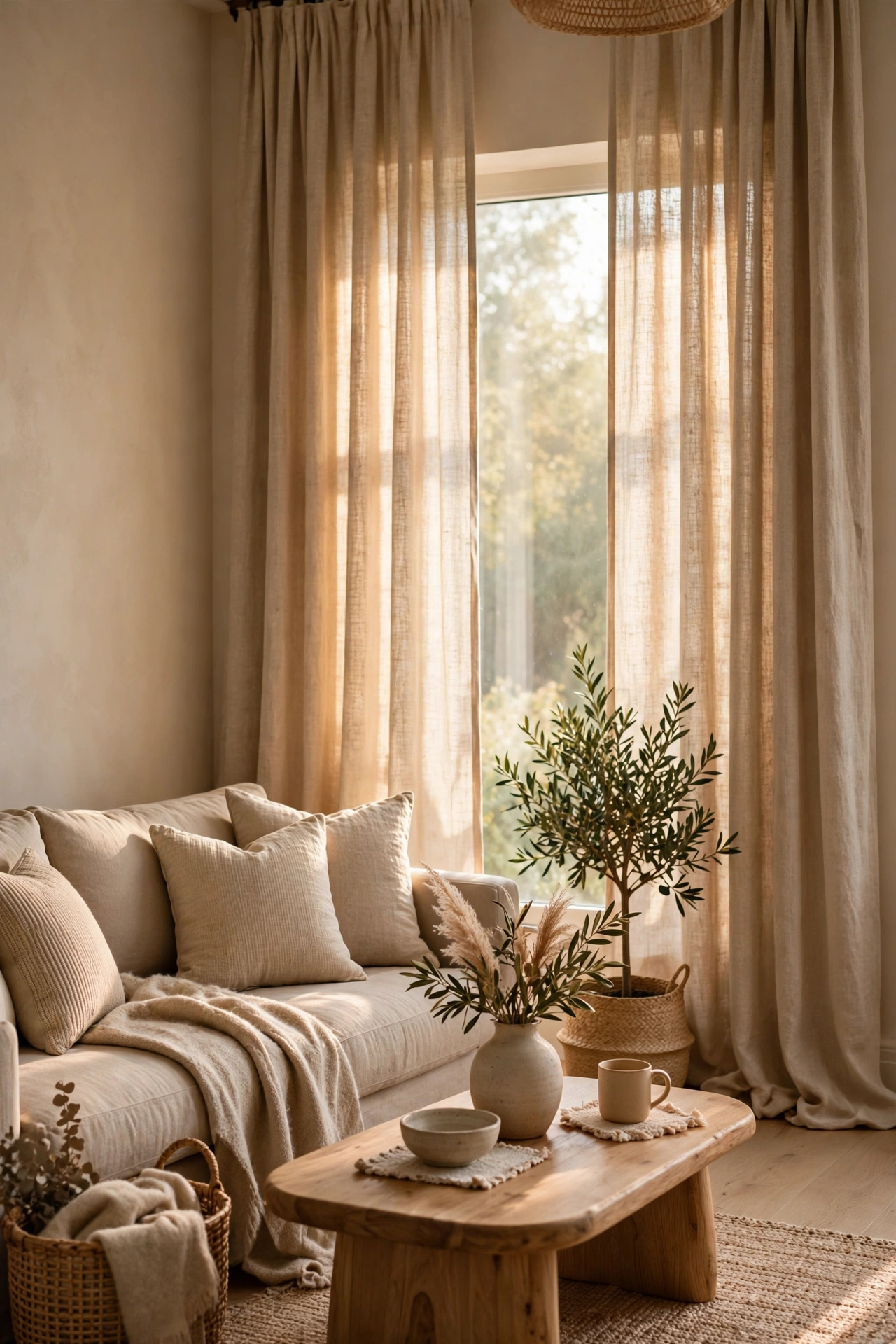 Floor-length linen-look curtains in natural beige hung high in a living room